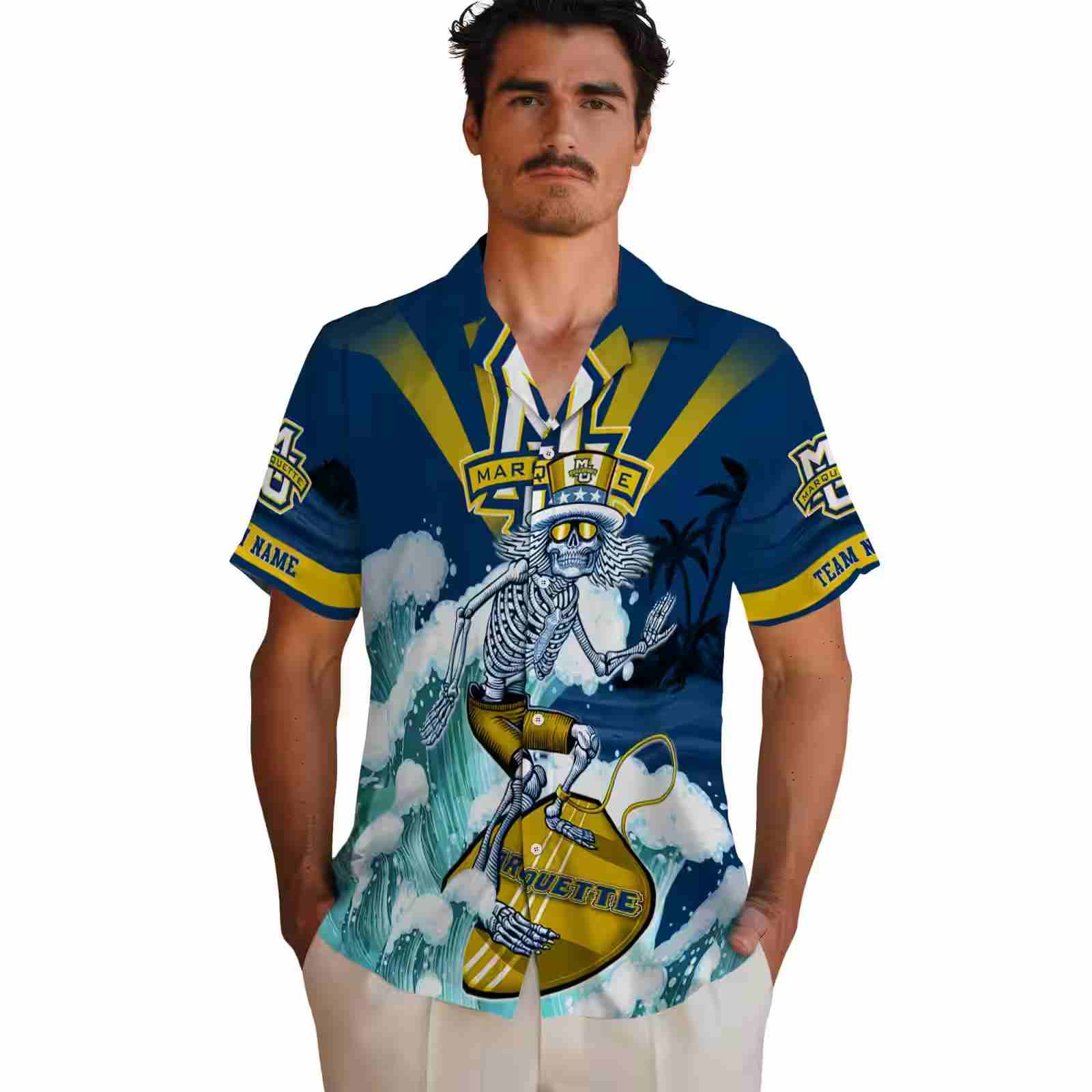 personalized marquette golden eagles surfing skeleton blue hawaiian shirt fashion forward