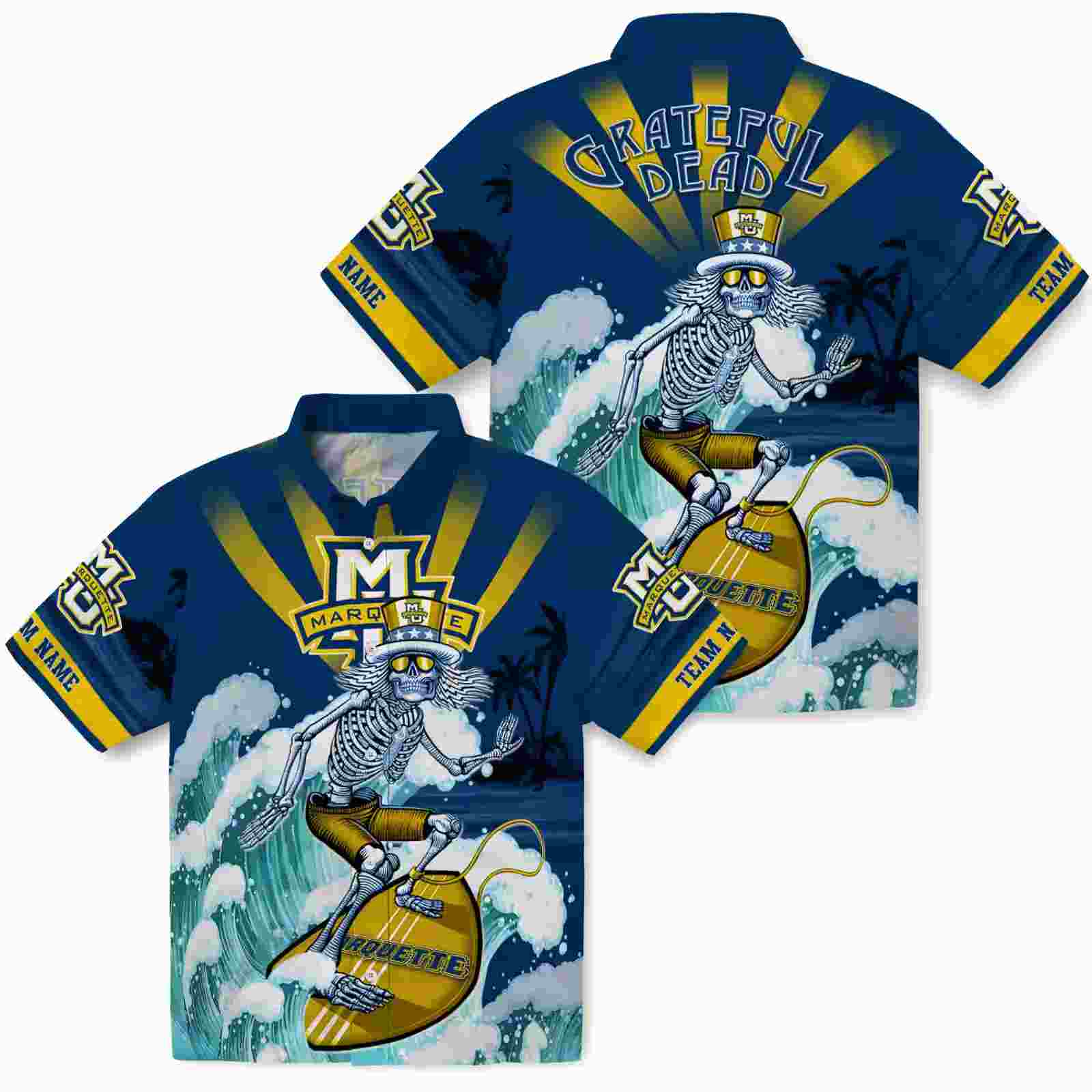 personalized marquette golden eagles surfing skeleton blue hawaiian shirt high quality