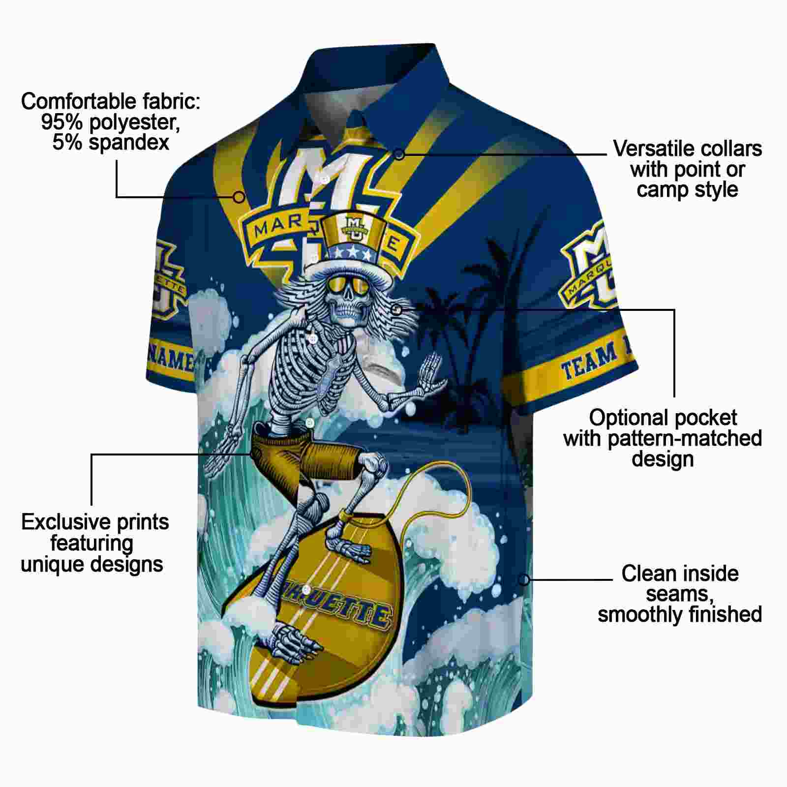 personalized marquette golden eagles surfing skeleton blue hawaiian shirt new arrival