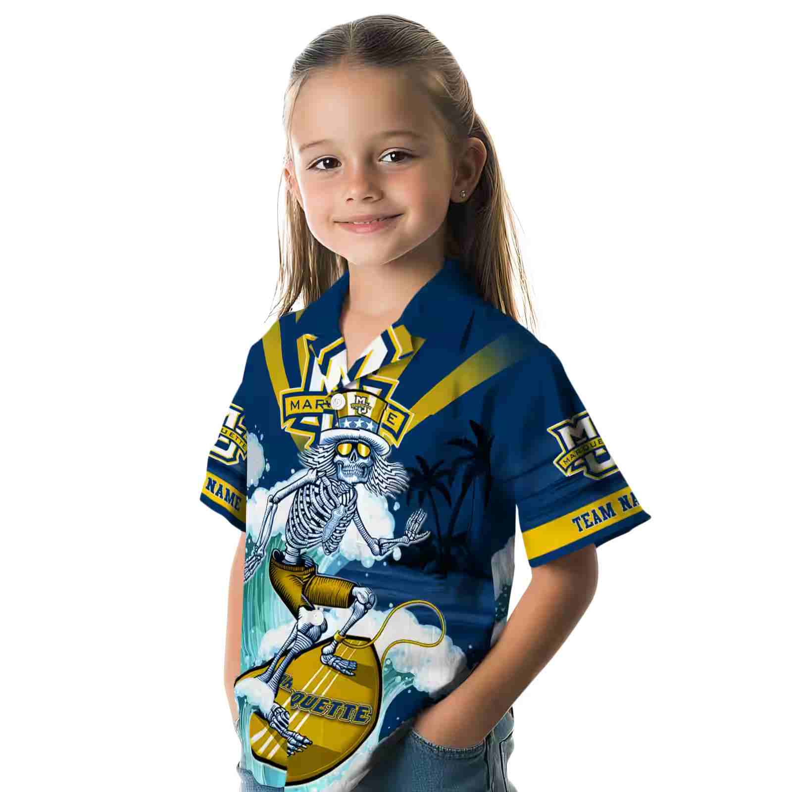 personalized marquette golden eagles surfing skeleton blue hawaiian shirt premium grade