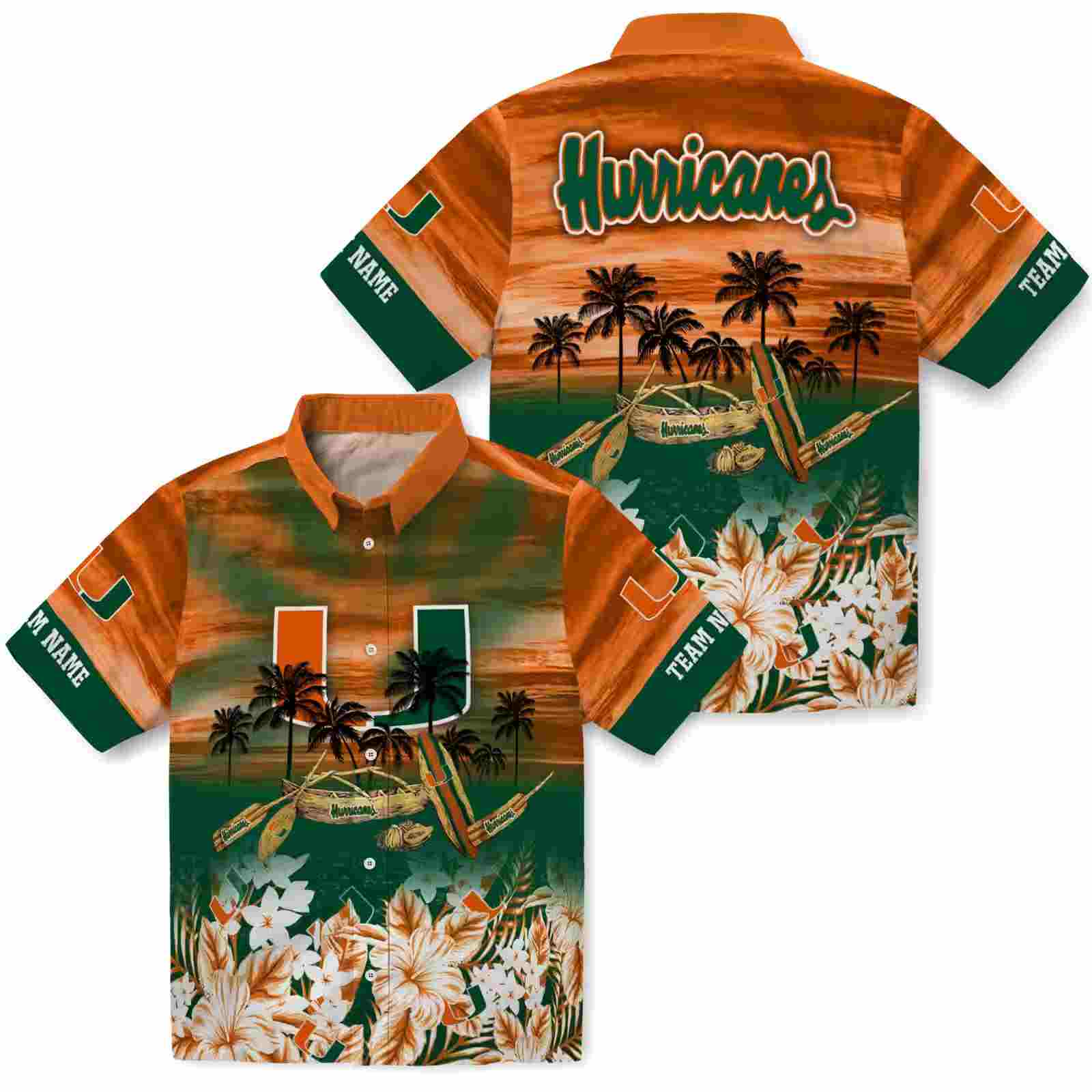 personalized miami hurricanes tropical canoe orange hawaiian shirt high quality