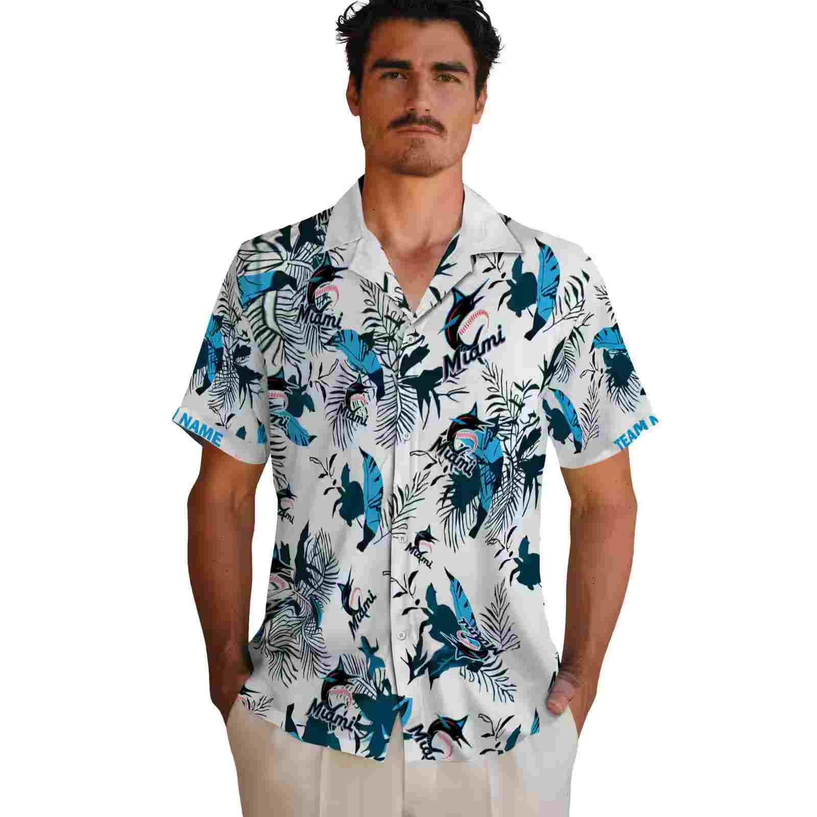 personalized miami marlins botanical theme blue white hawaiian shirt fashion forward