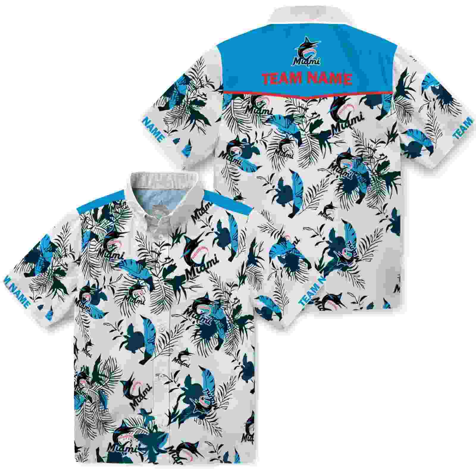 personalized miami marlins botanical theme blue white hawaiian shirt high quality