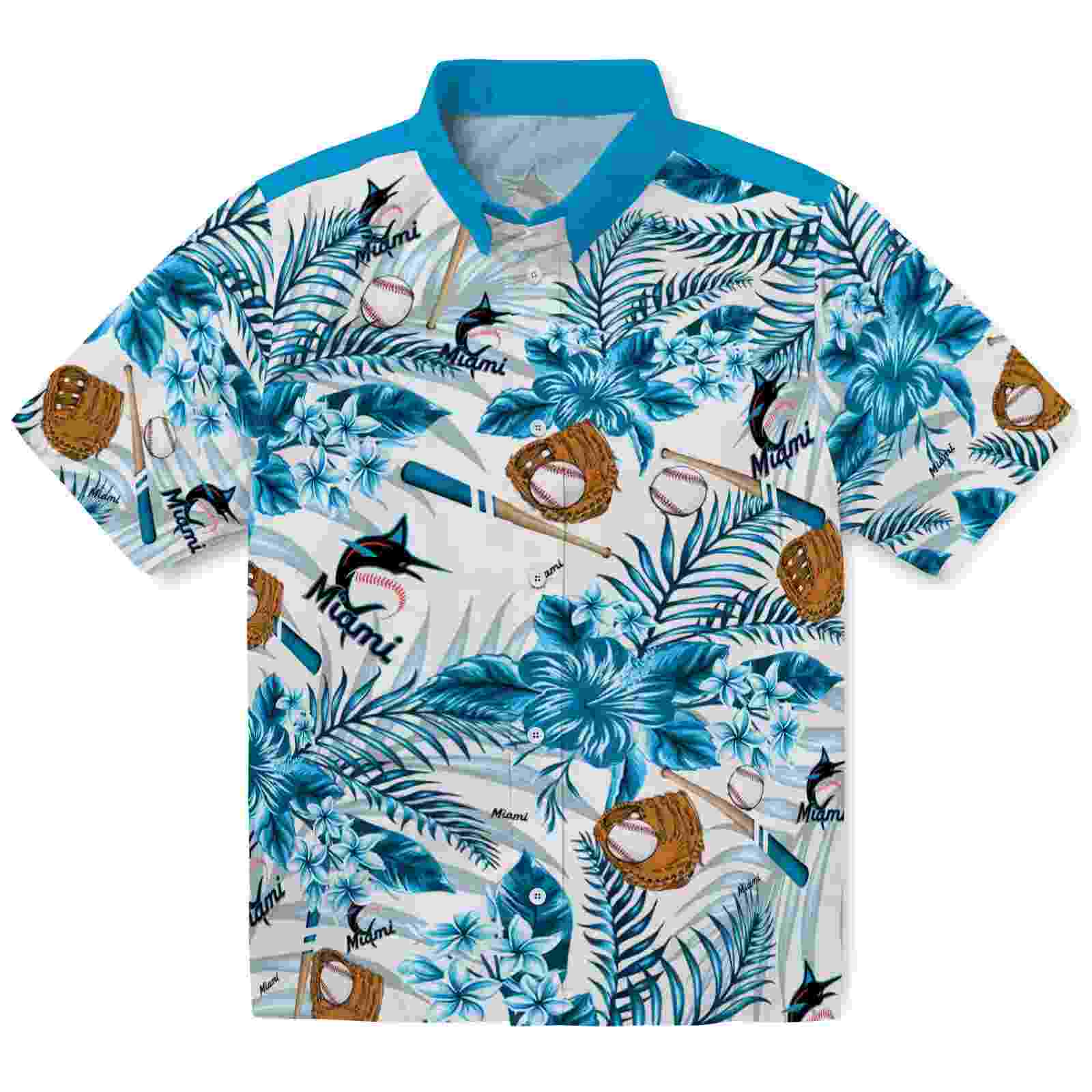 Personalized Miami Marlins Floral Baseball Blue White Hawaiian Shirt