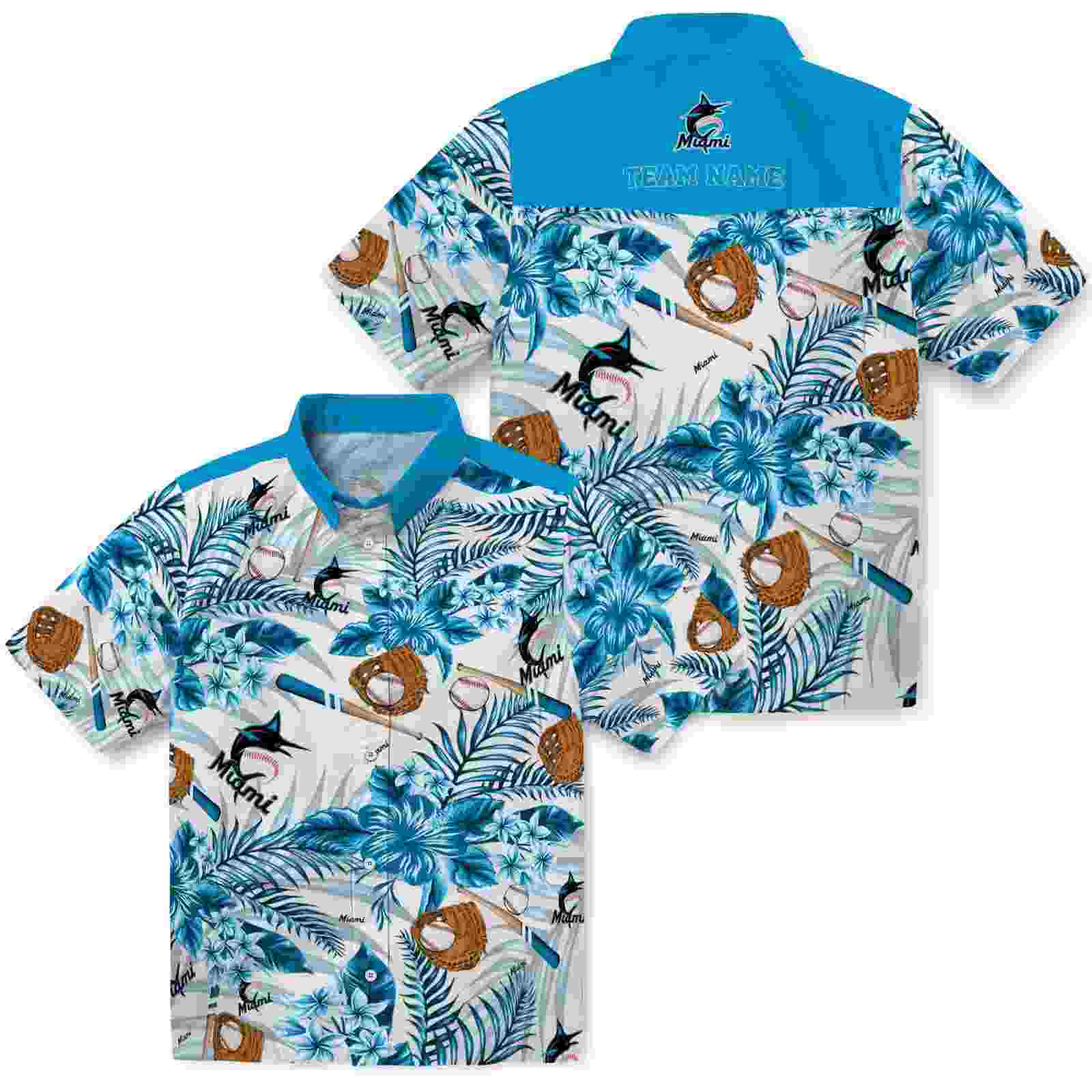 personalized miami marlins floral baseball blue white hawaiian shirt high quality