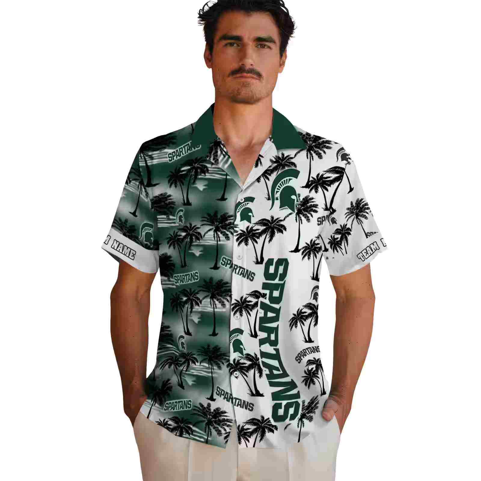 personalized michigan state spartans palm silhouettes green hawaiian shirt fashion forward