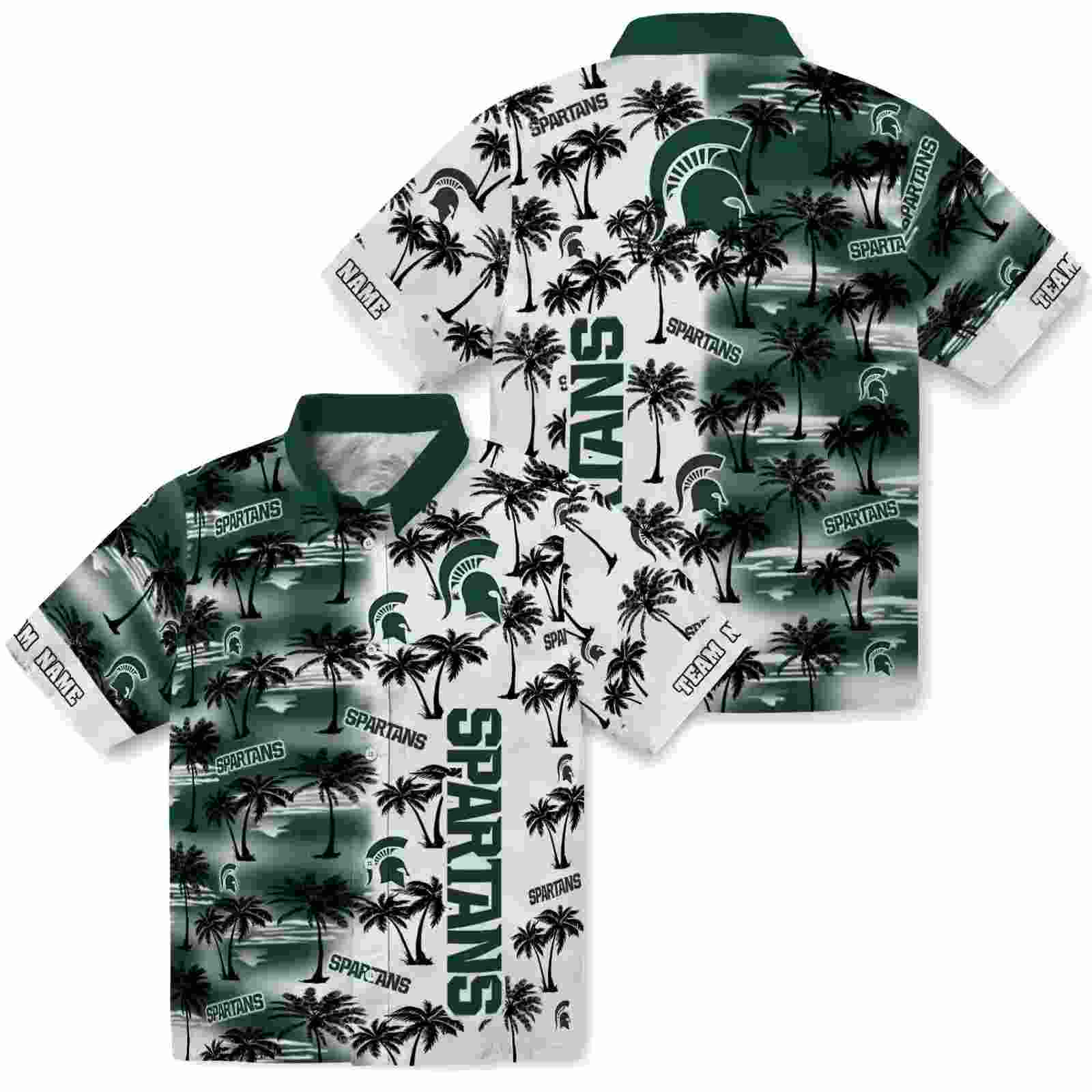 personalized michigan state spartans palm silhouettes green hawaiian shirt high quality