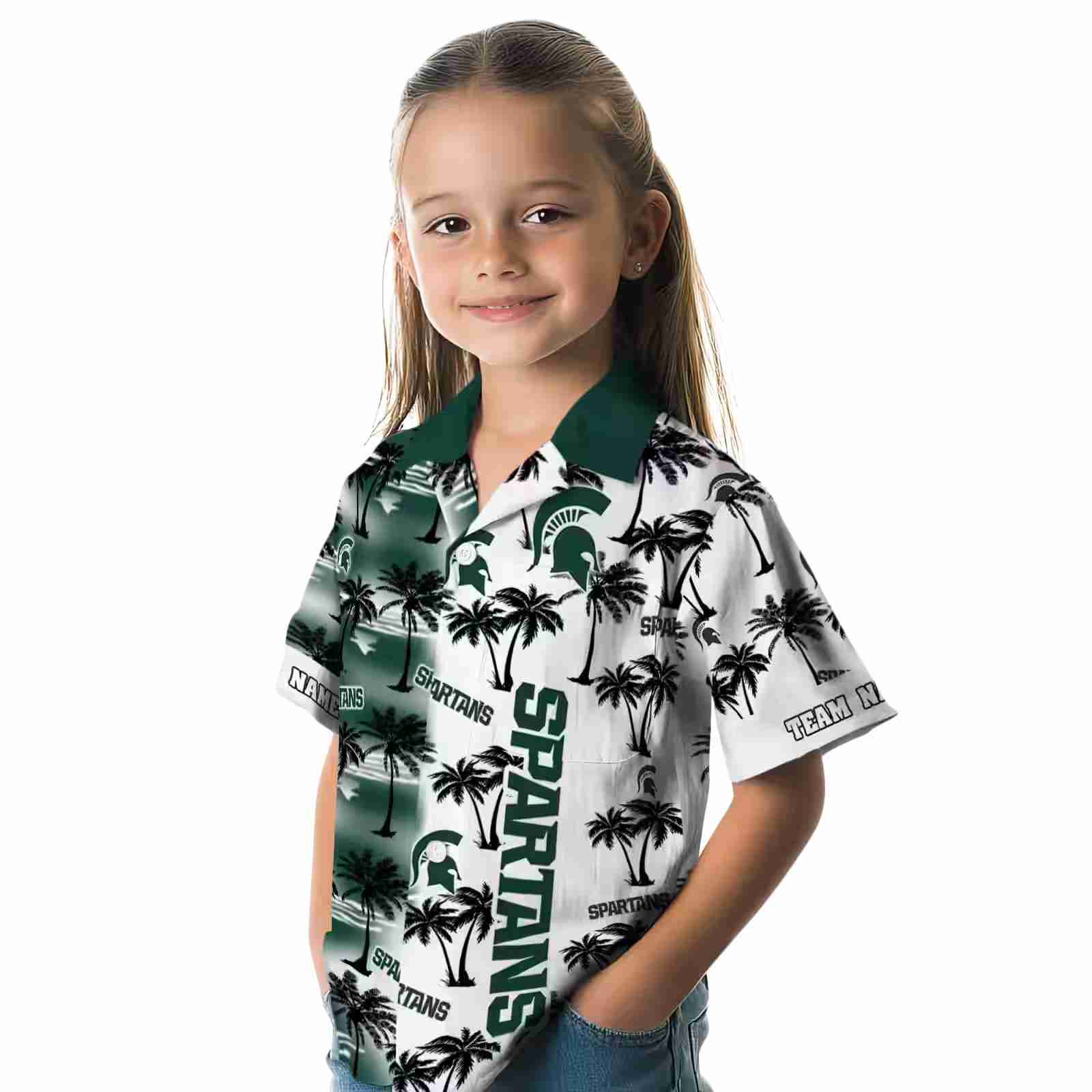 personalized michigan state spartans palm silhouettes green hawaiian shirt premium grade