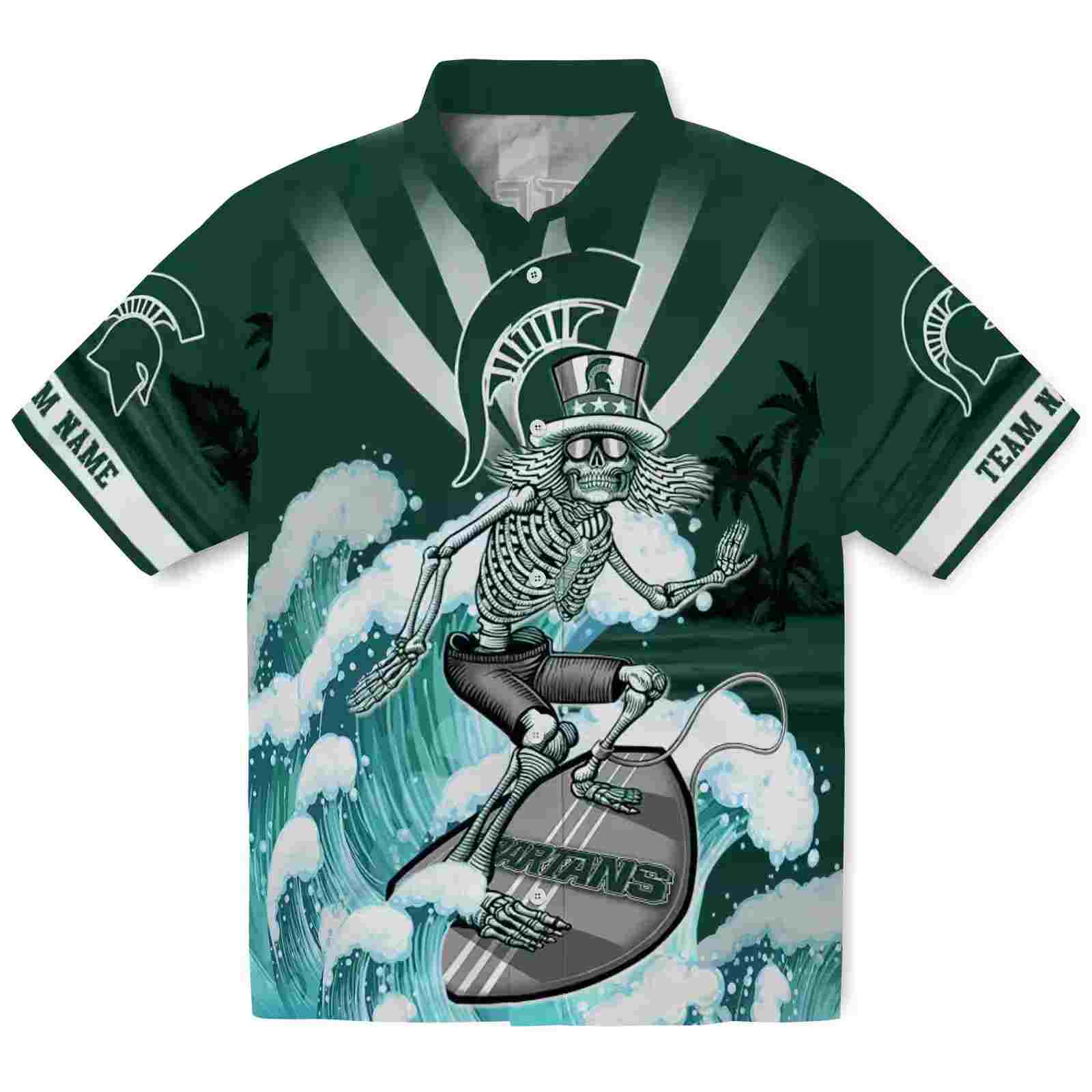 Personalized Michigan State Spartans Surfing Skeleton Green Blue Hawaiian Shirt