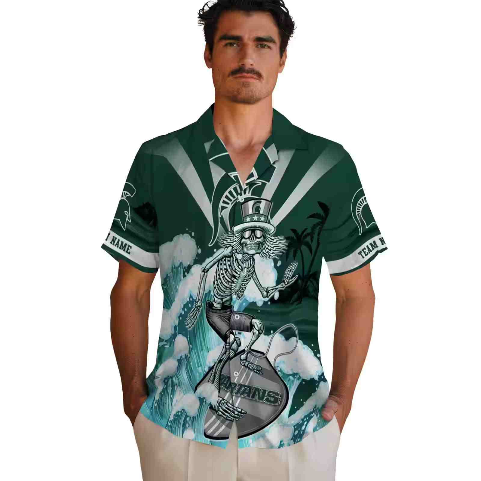 personalized michigan state spartans surfing skeleton green blue hawaiian shirt fashion forward