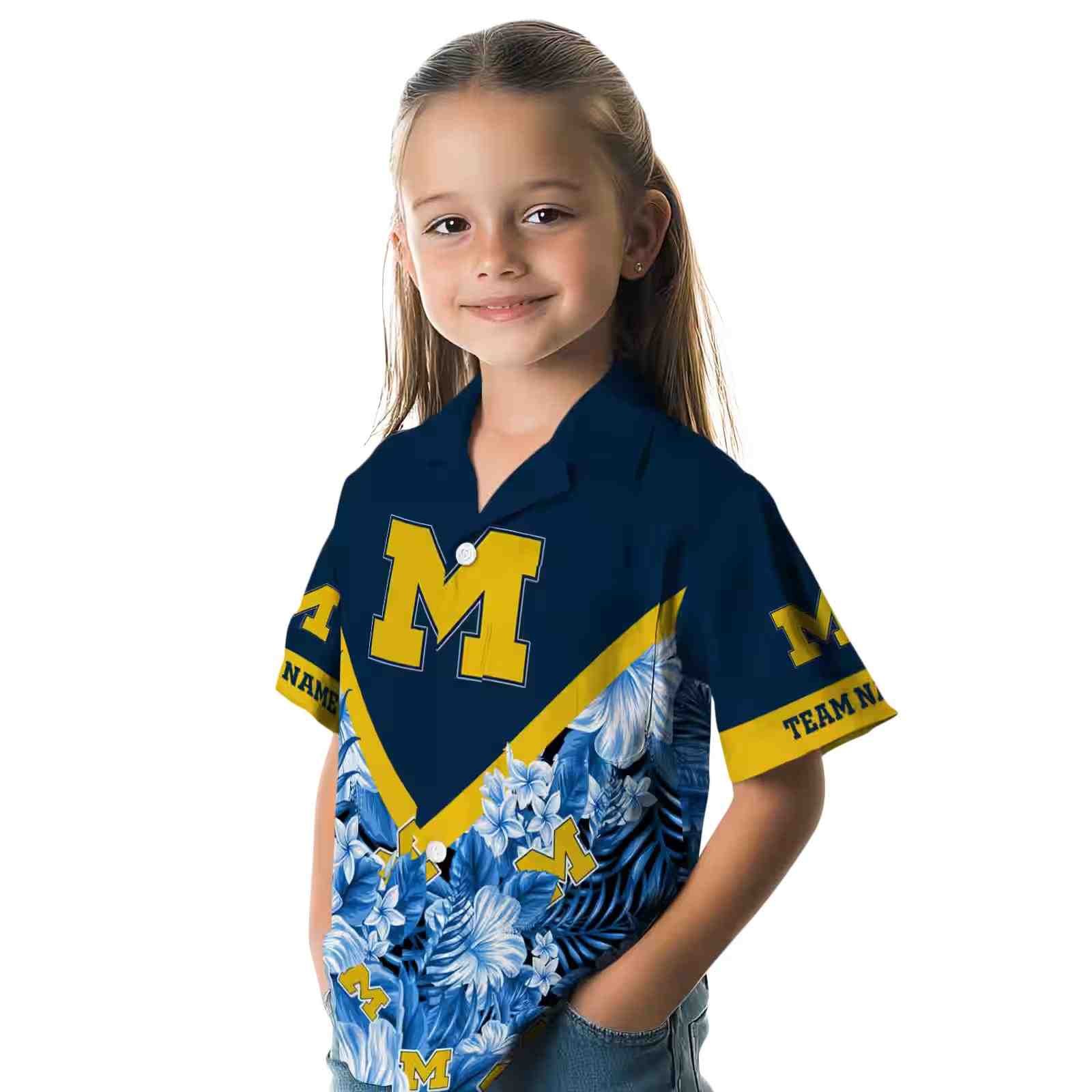 personalized michigan wolverines floral chevron blue hawaiian shirt premium grade