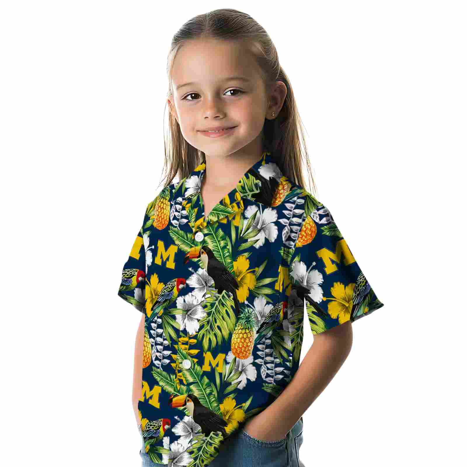 personalized michigan wolverines tropical toucan blue green hawaiian shirt premium grade