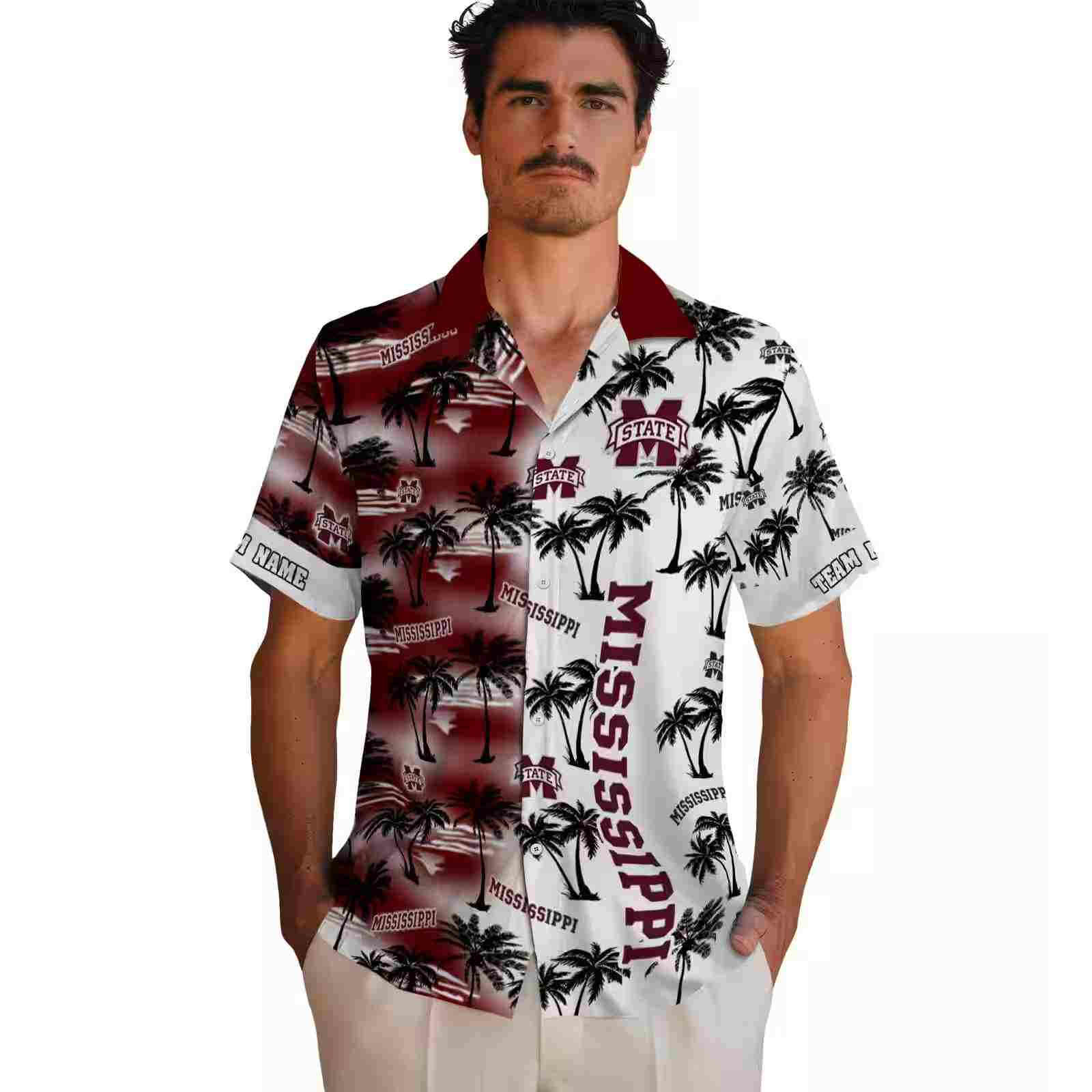 personalized mississippi state bulldogs palm silhouettes maroon hawaiian shirt fashion forward