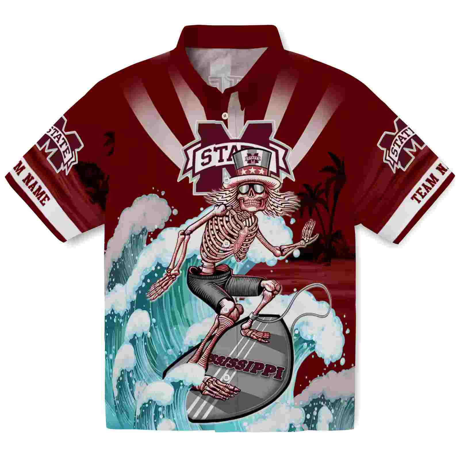 Personalized Mississippi State Bulldogs Surfing Skeleton Maroon Blue Hawaiian Shirt