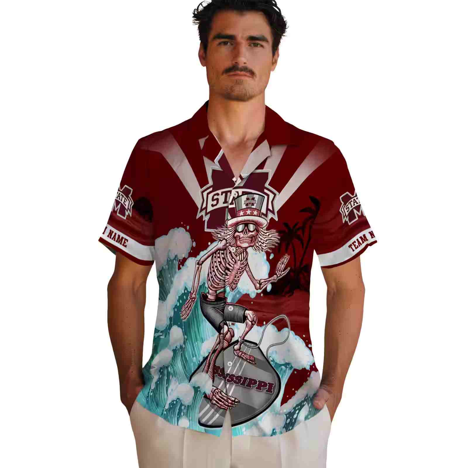 personalized mississippi state bulldogs surfing skeleton maroon blue hawaiian shirt fashion forward