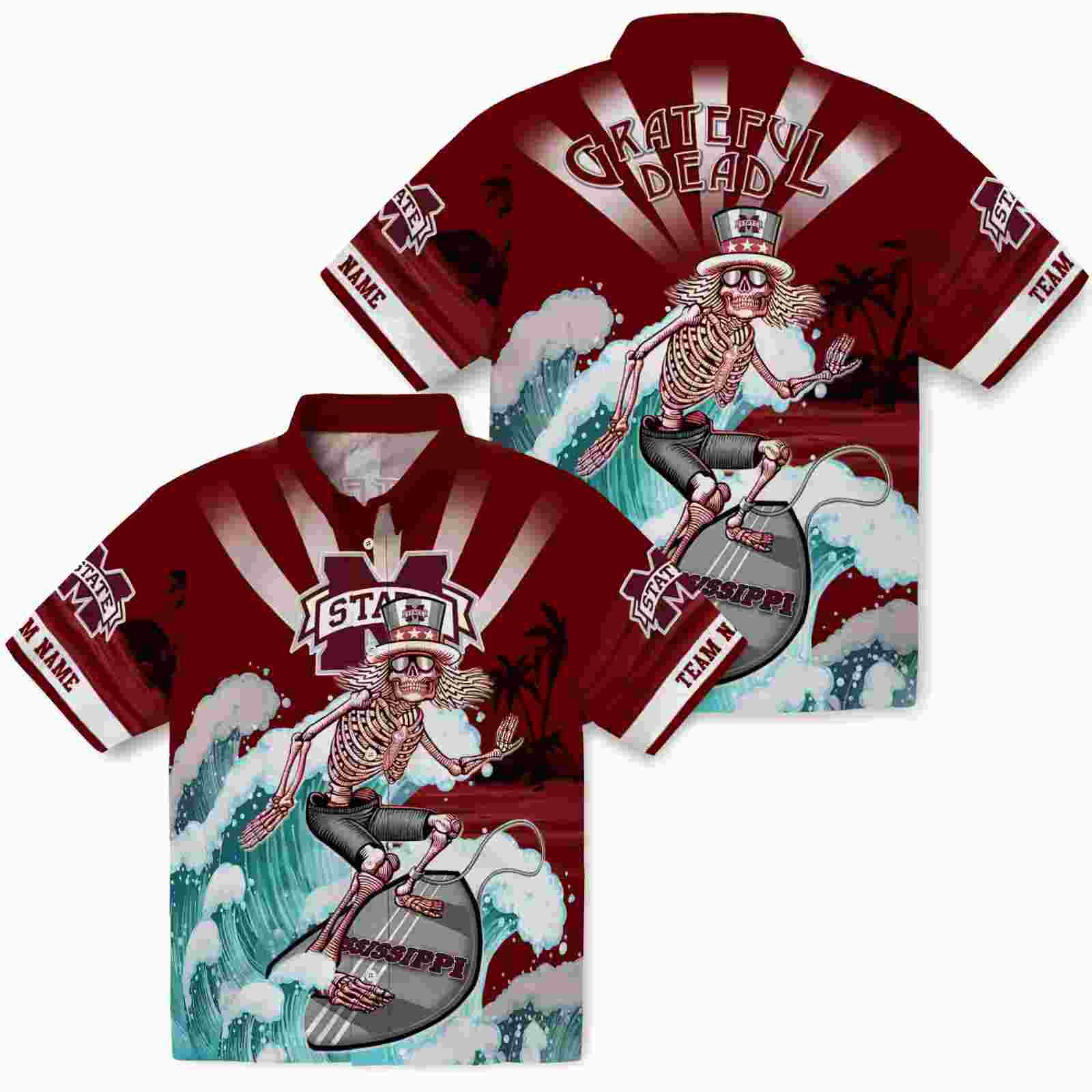 personalized mississippi state bulldogs surfing skeleton maroon blue hawaiian shirt high quality