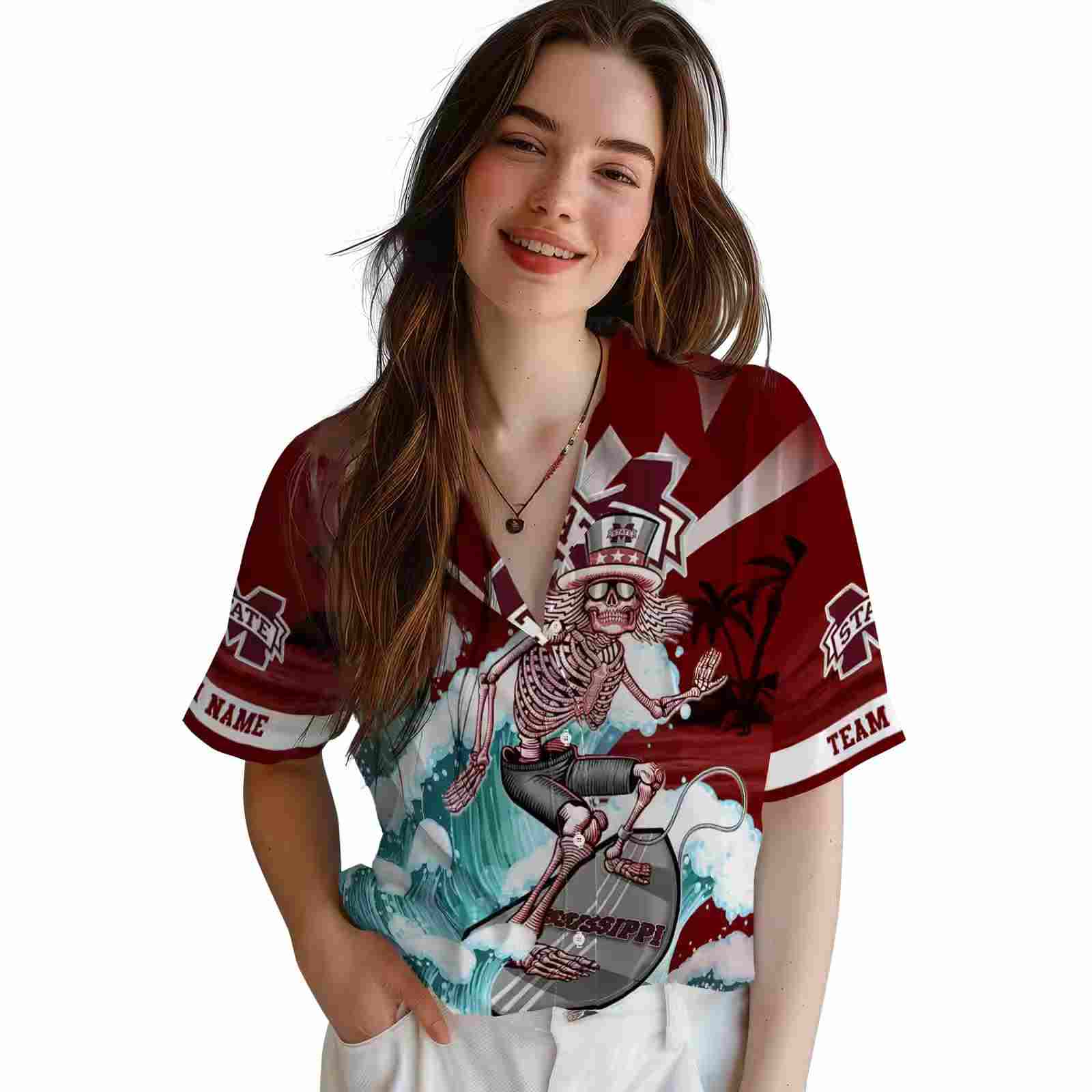 personalized mississippi state bulldogs surfing skeleton maroon blue hawaiian shirt latest model