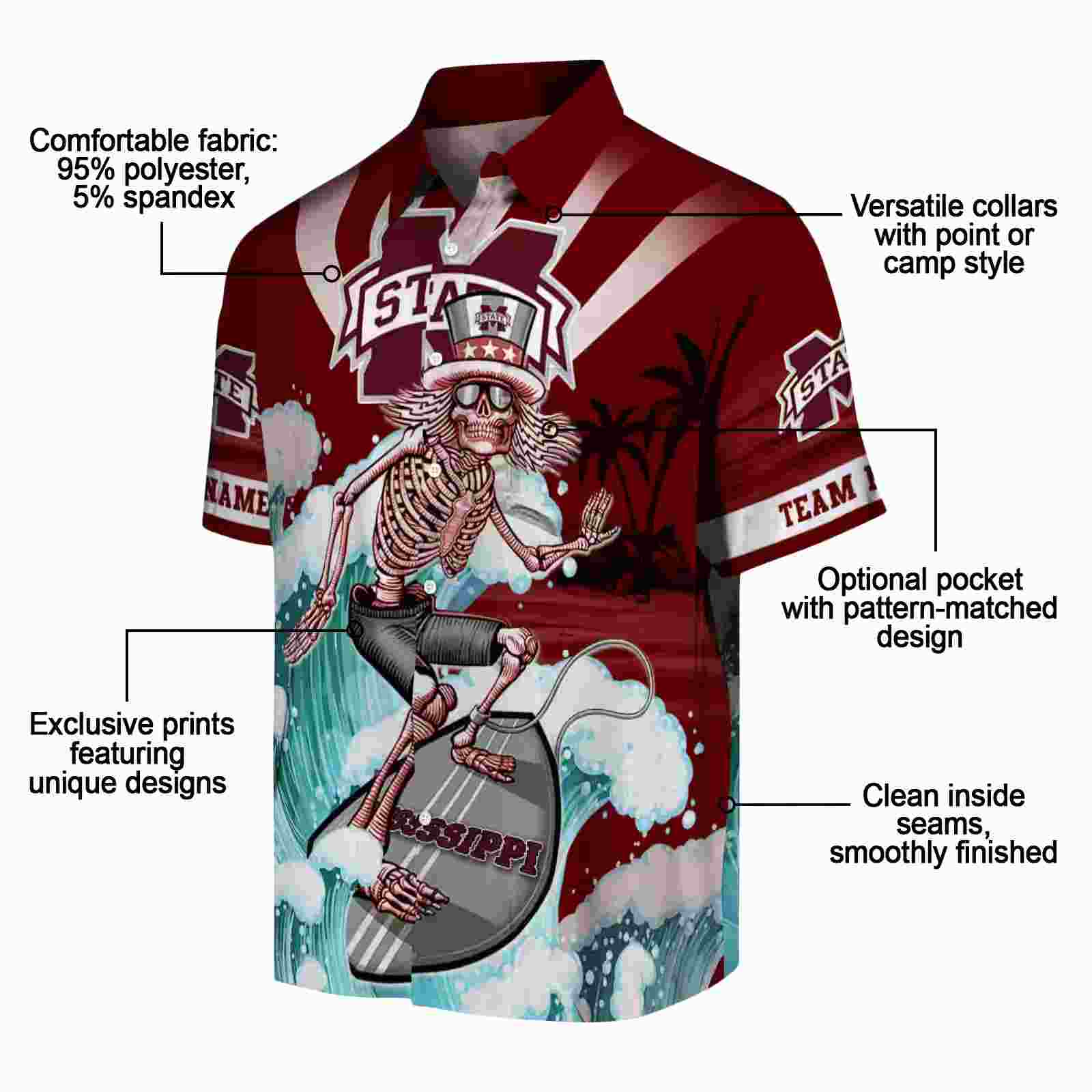 personalized mississippi state bulldogs surfing skeleton maroon blue hawaiian shirt new arrival