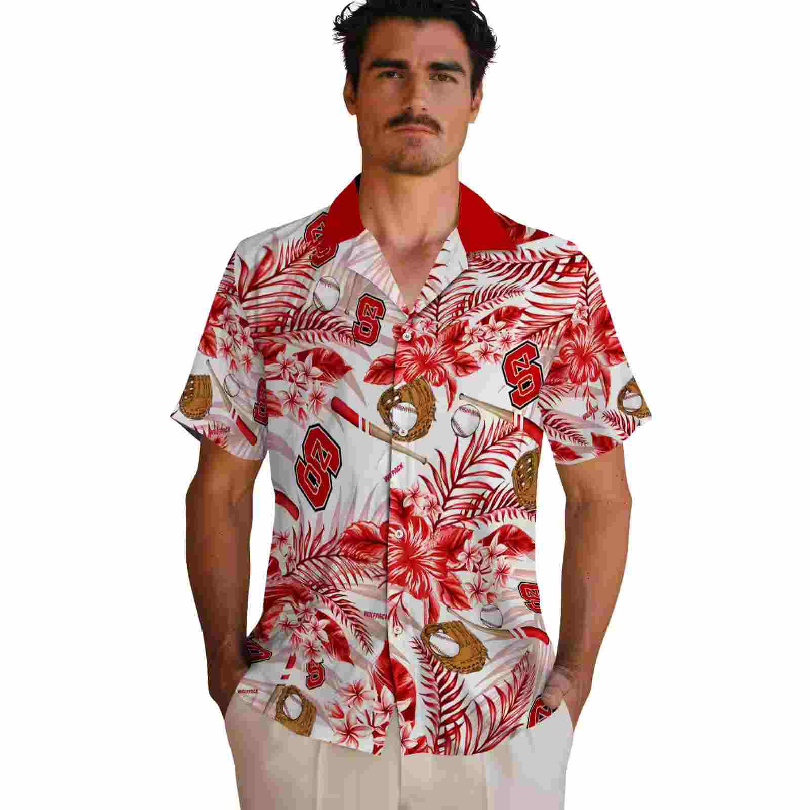 personalized nc state wolfpack floral baseball red white hawaiian shirt fashion forward