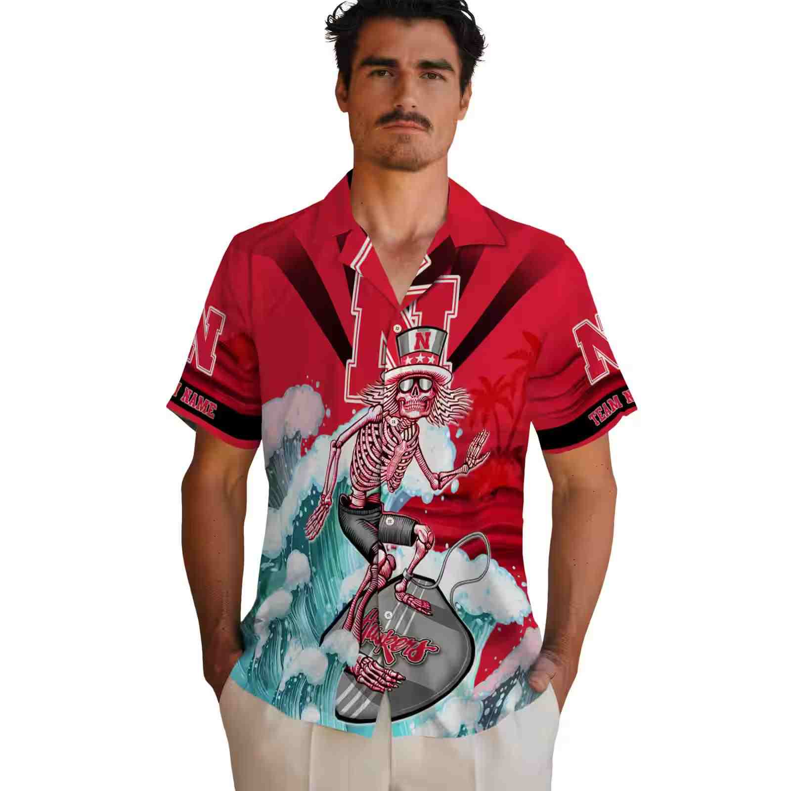 personalized nebraska cornhuskers surfing skeleton red blue hawaiian shirt fashion forward