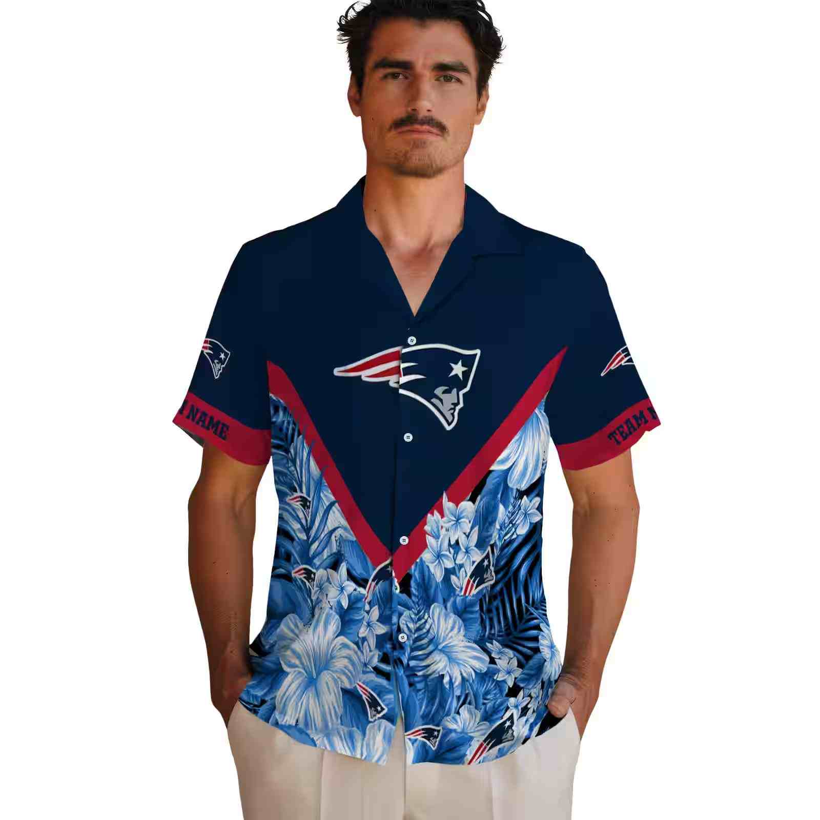 personalized new england patriots floral chevron blue hawaiian shirt fashion forward