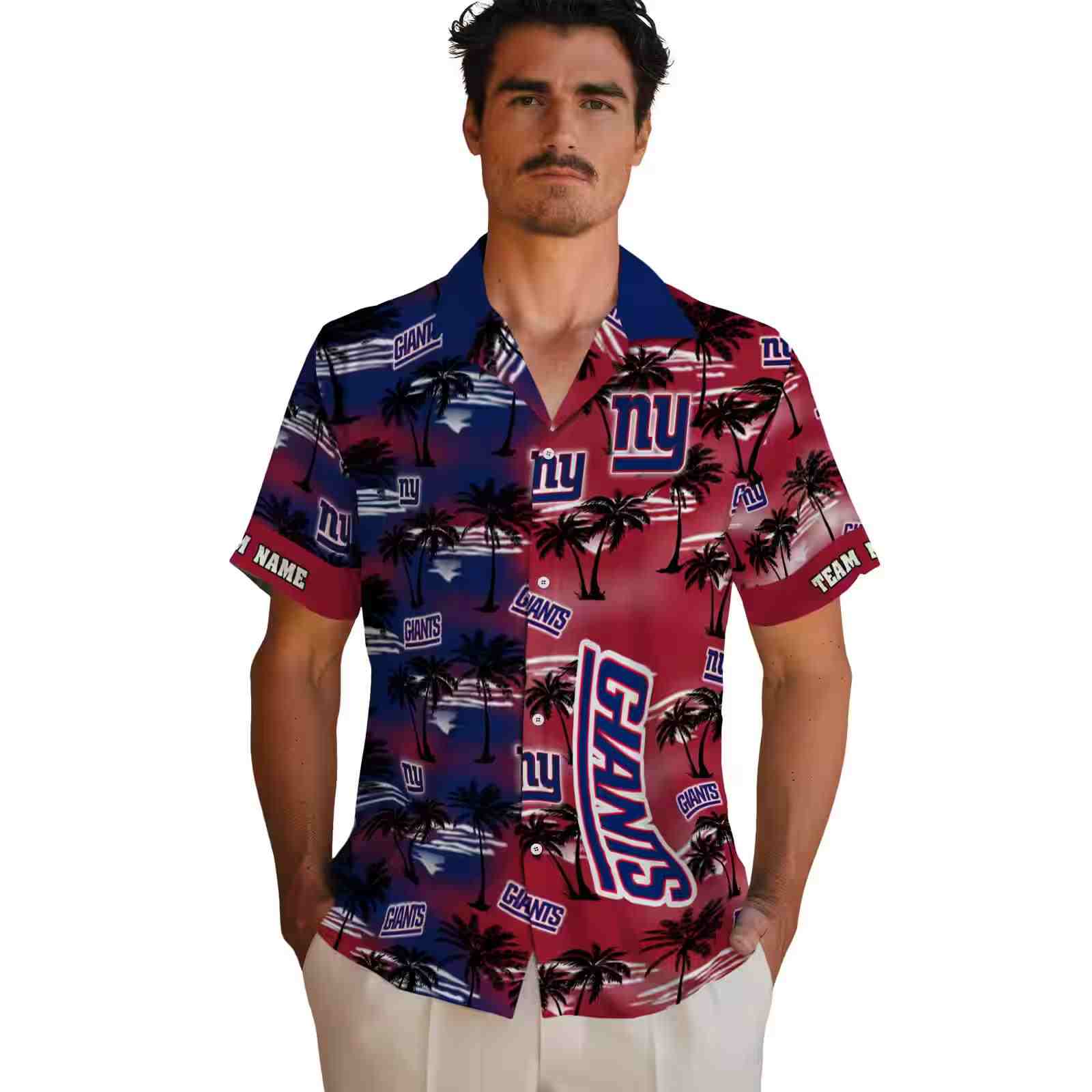 personalized new york giants palm silhouettes blue hawaiian shirt fashion forward