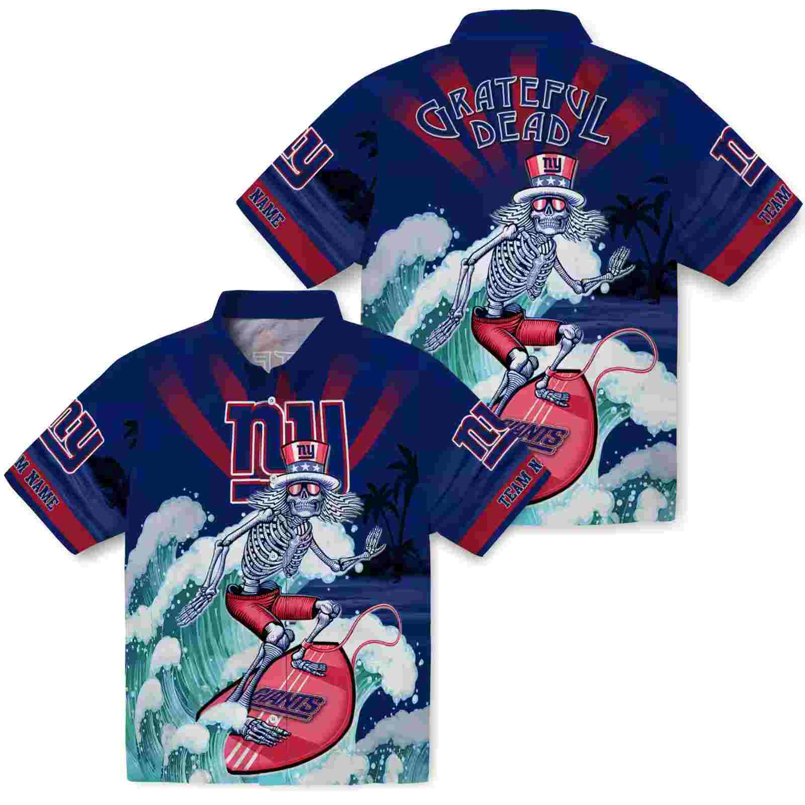 personalized new york giants surfing skeleton blue hawaiian shirt high quality