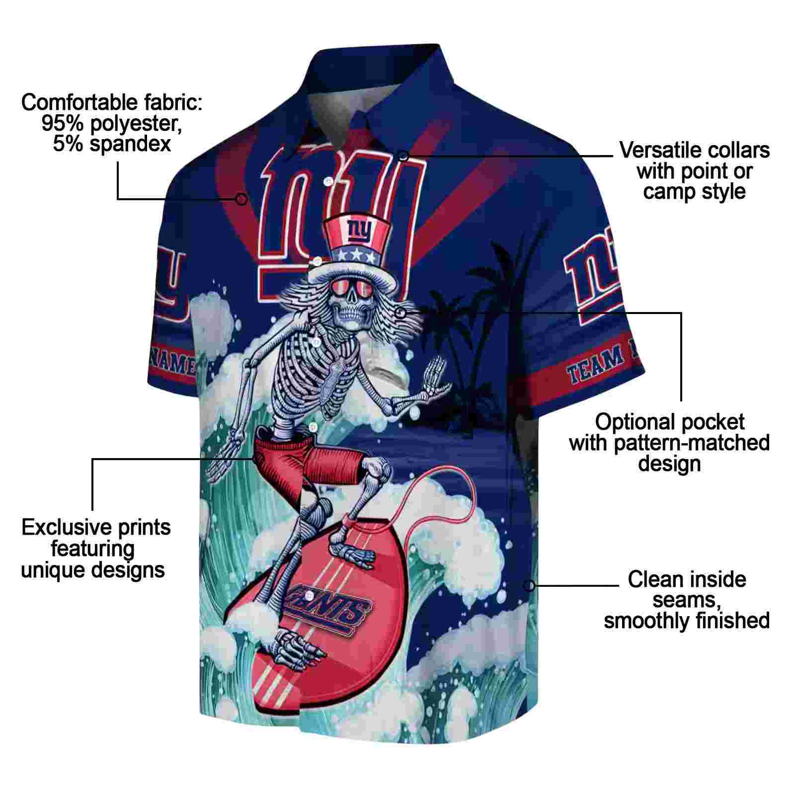 personalized new york giants surfing skeleton blue hawaiian shirt new arrival