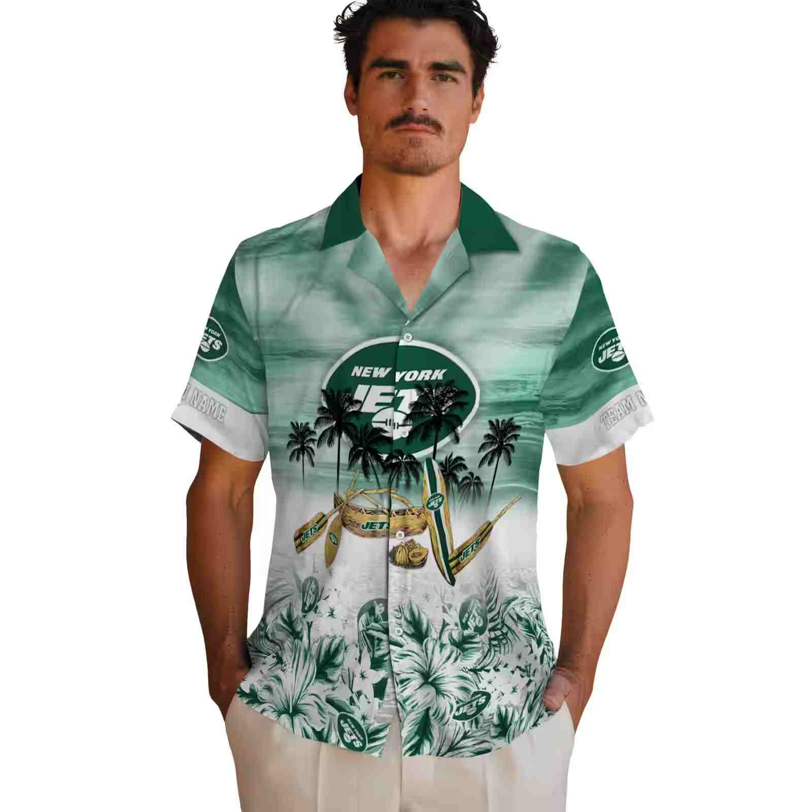 personalized new york jets tropical canoe green hawaiian shirt fashion forward