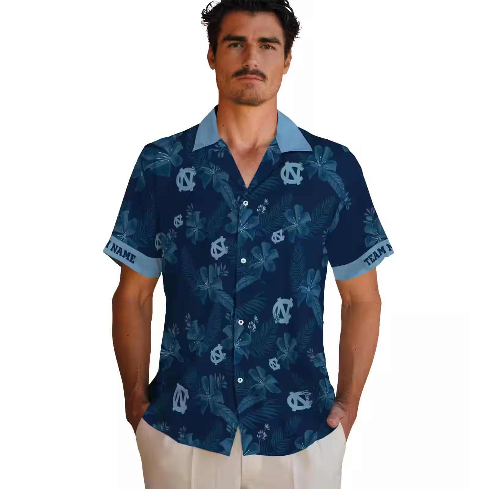 personalized north carolina tar heels botanical print navy blue hawaiian shirt fashion forward