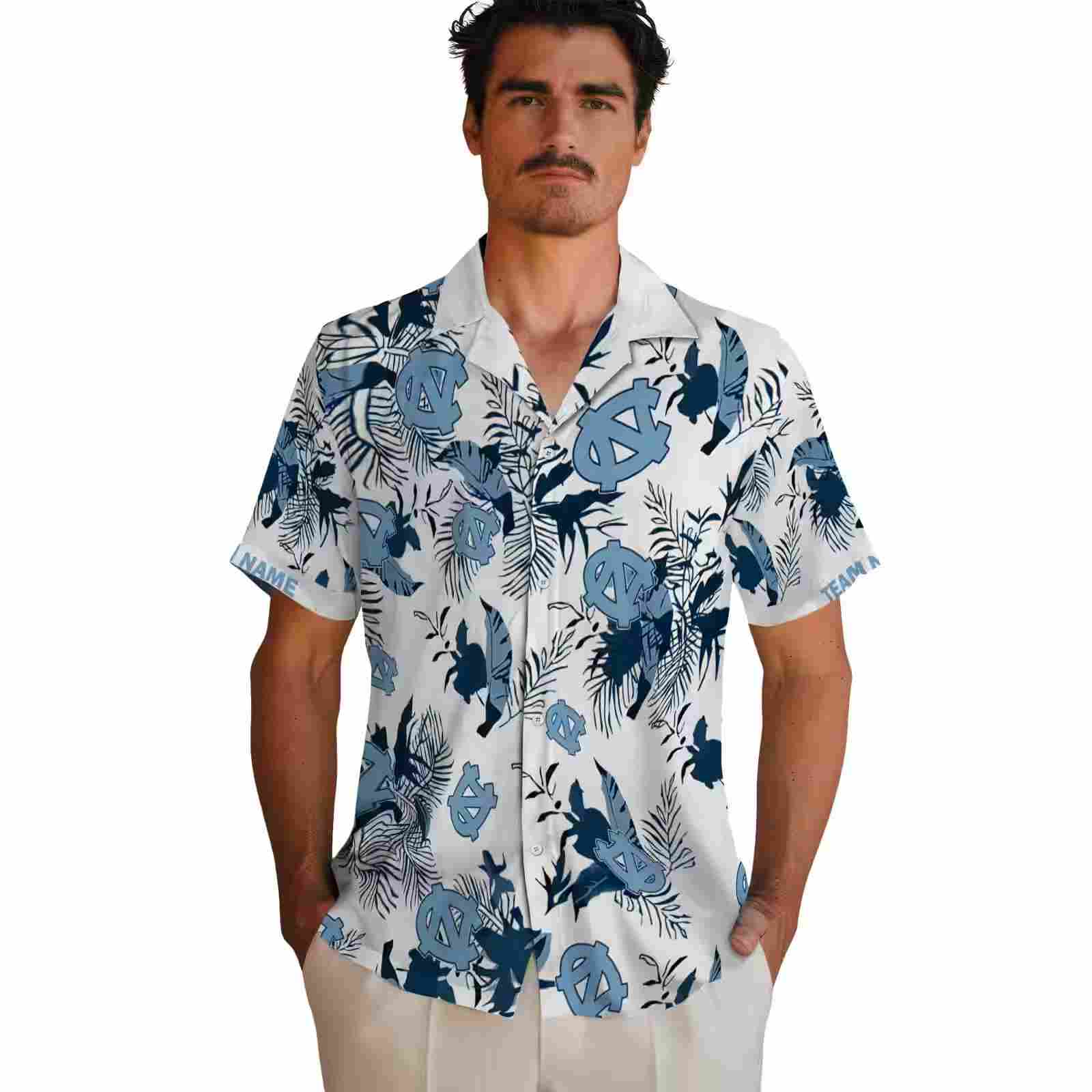 personalized north carolina tar heels botanical theme light blue white hawaiian shirt fashion forward