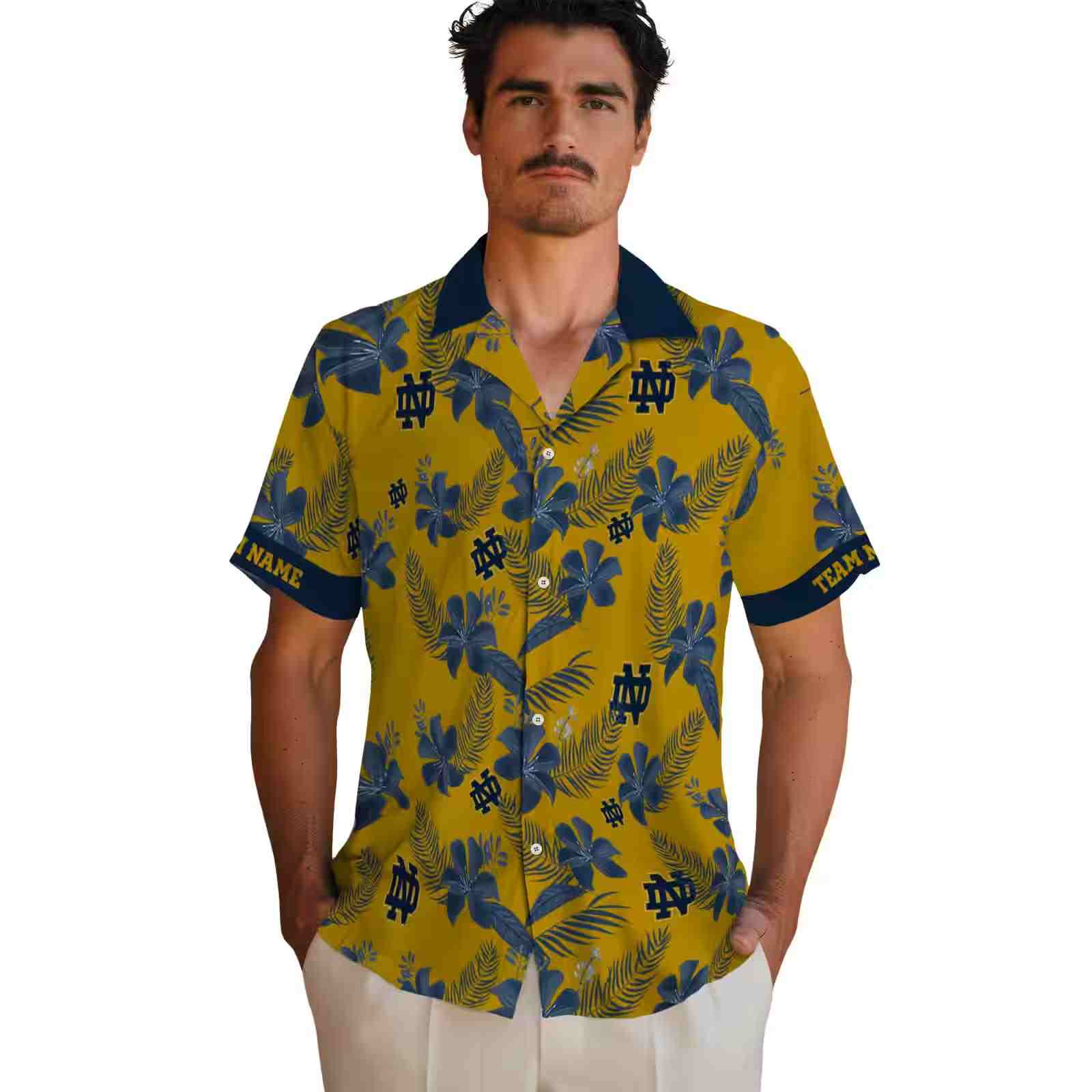 personalized notre dame fighting irish botanical print gold hawaiian shirt fashion forward