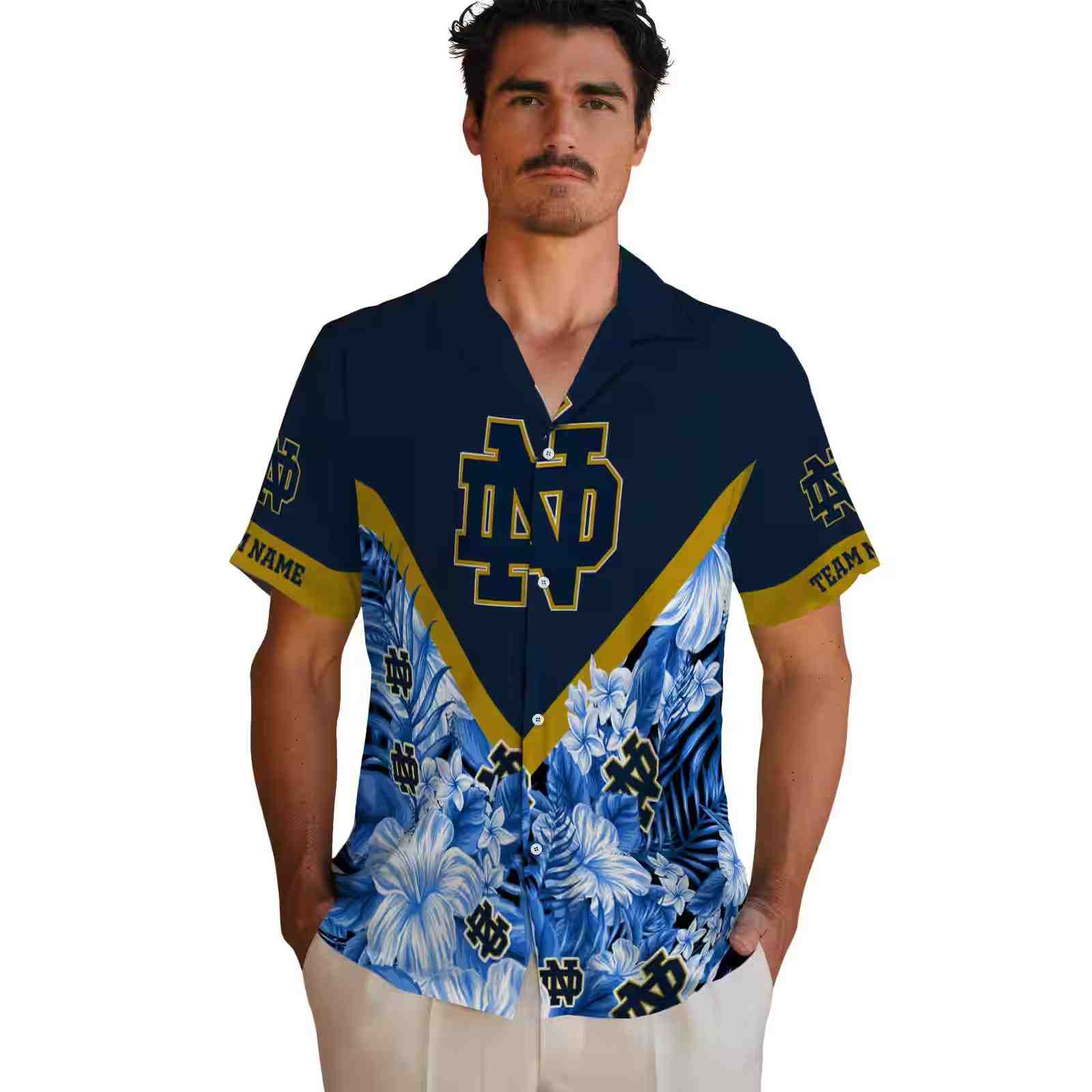 personalized notre dame fighting irish floral chevron navy hawaiian shirt fashion forward