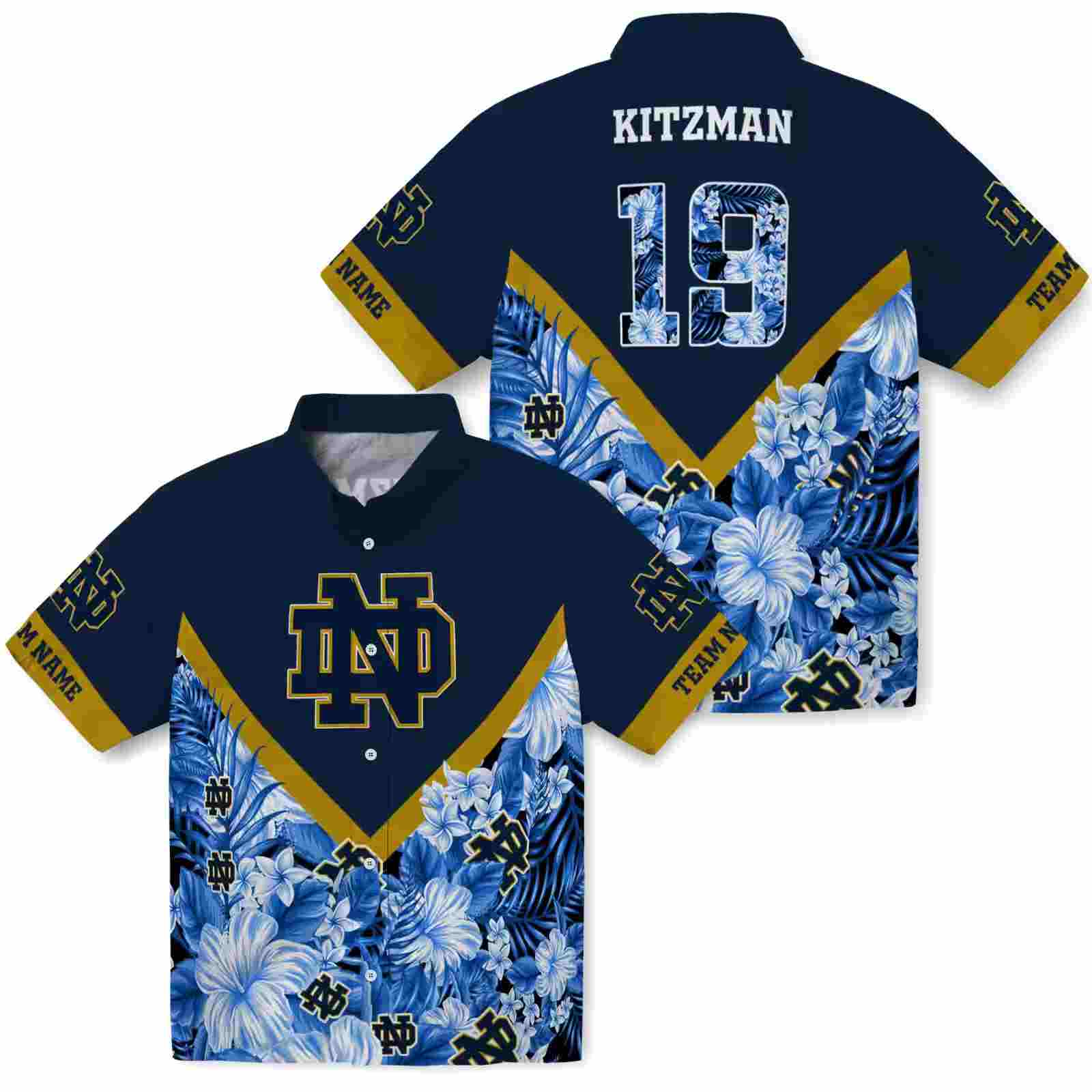 personalized notre dame fighting irish floral chevron navy hawaiian shirt high quality