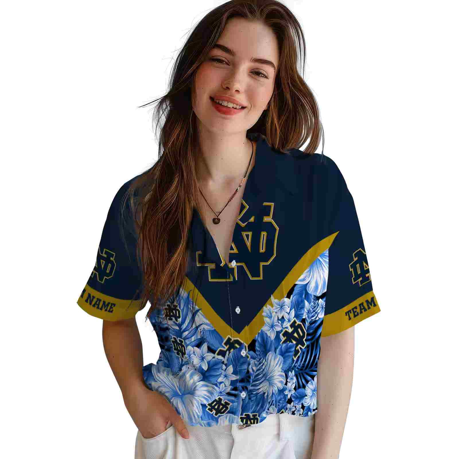 personalized notre dame fighting irish floral chevron navy hawaiian shirt latest model