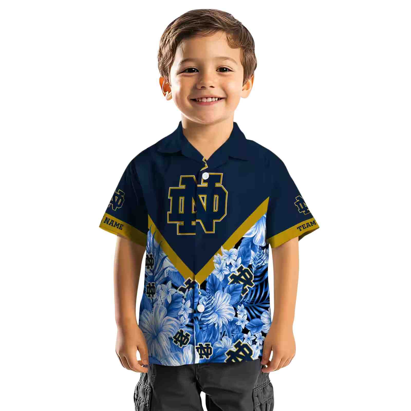 personalized notre dame fighting irish floral chevron navy hawaiian shirt top rated