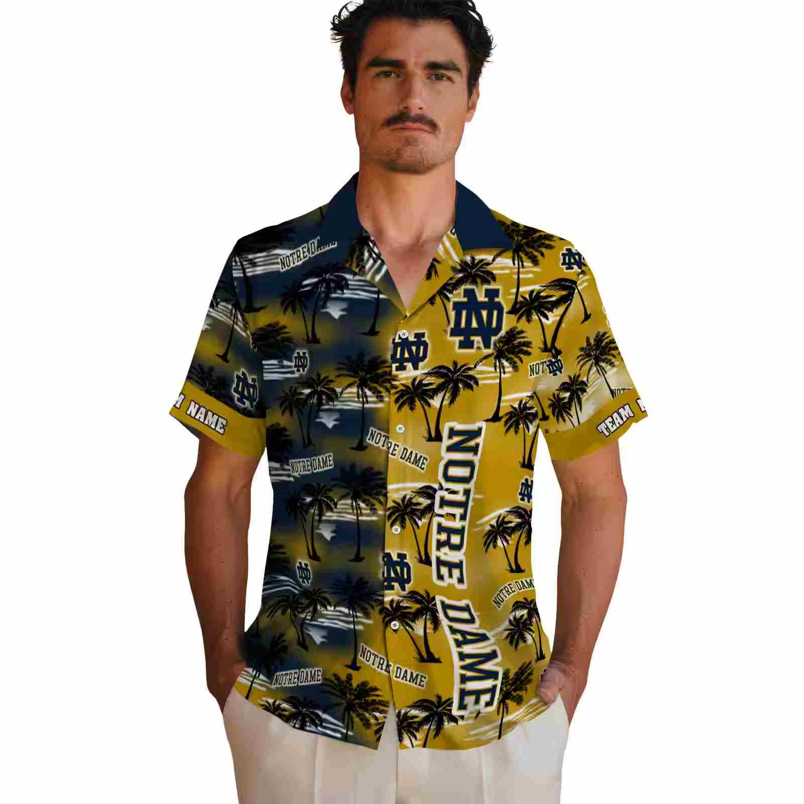 personalized notre dame fighting irish palm silhouettes navy hawaiian shirt fashion forward