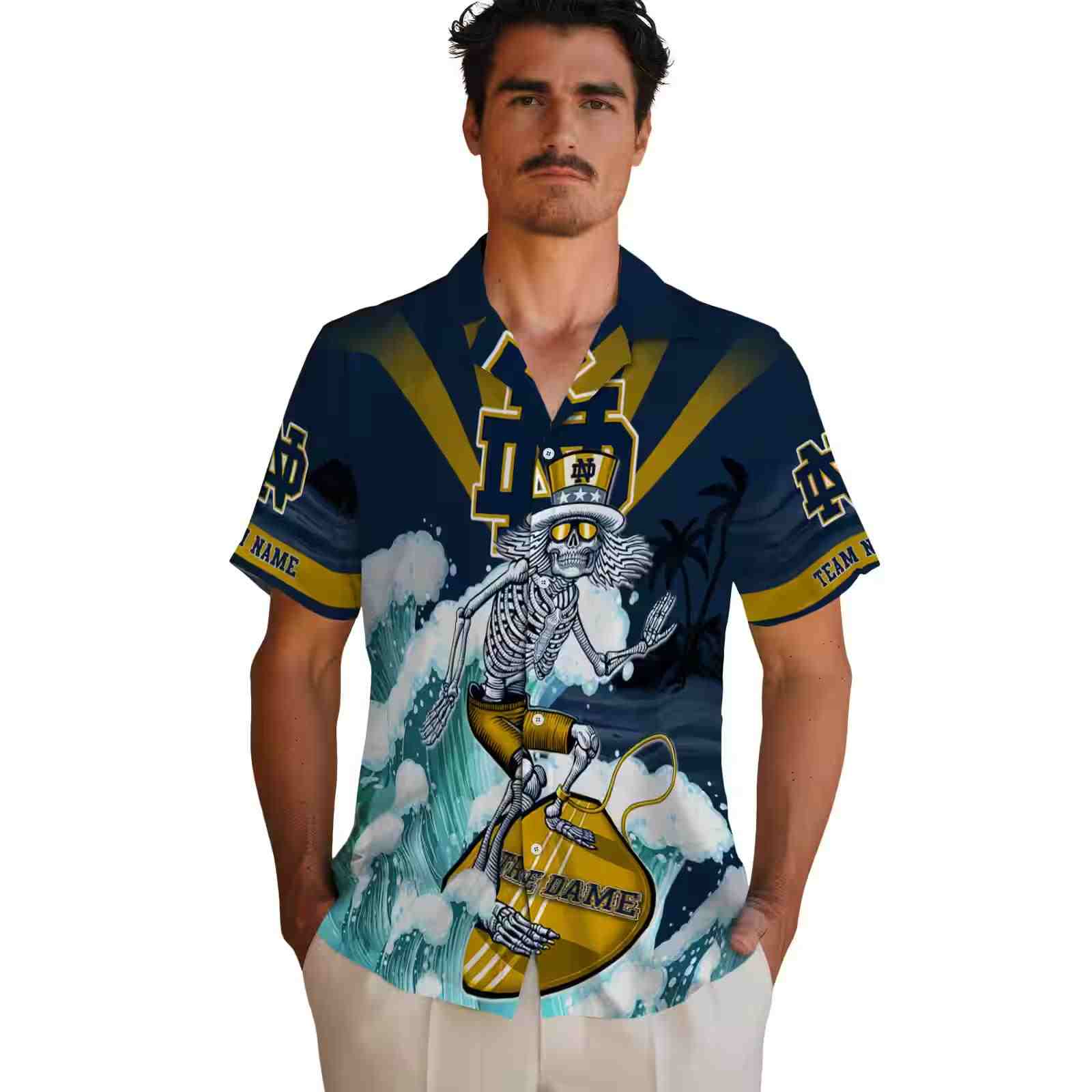 personalized notre dame fighting irish surfing skeleton navy blue hawaiian shirt fashion forward