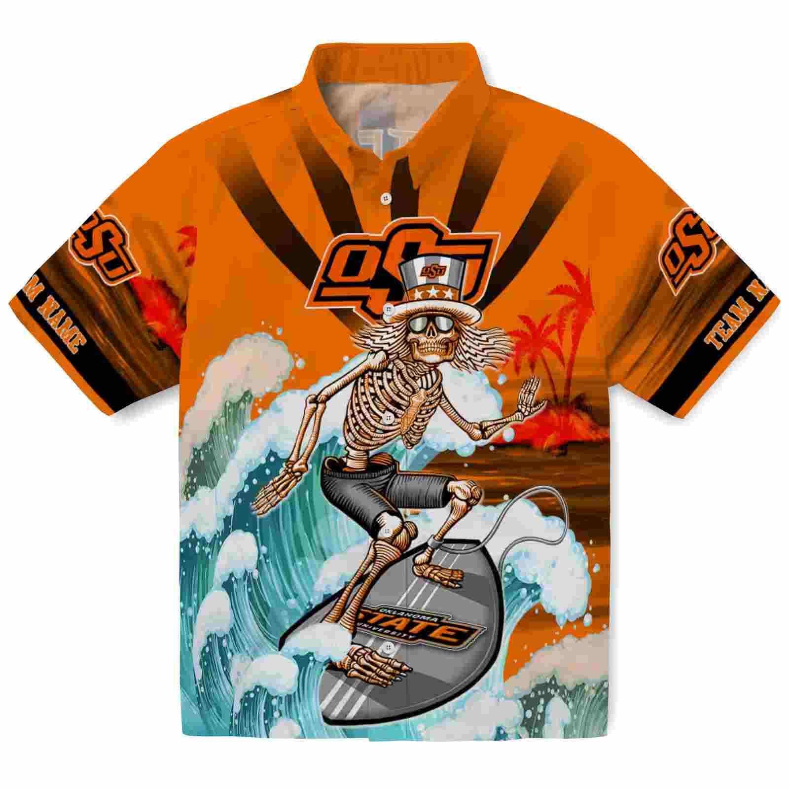 Personalized Oklahoma State Cowboys Surfing Skeleton Orange Blue Hawaiian Shirt