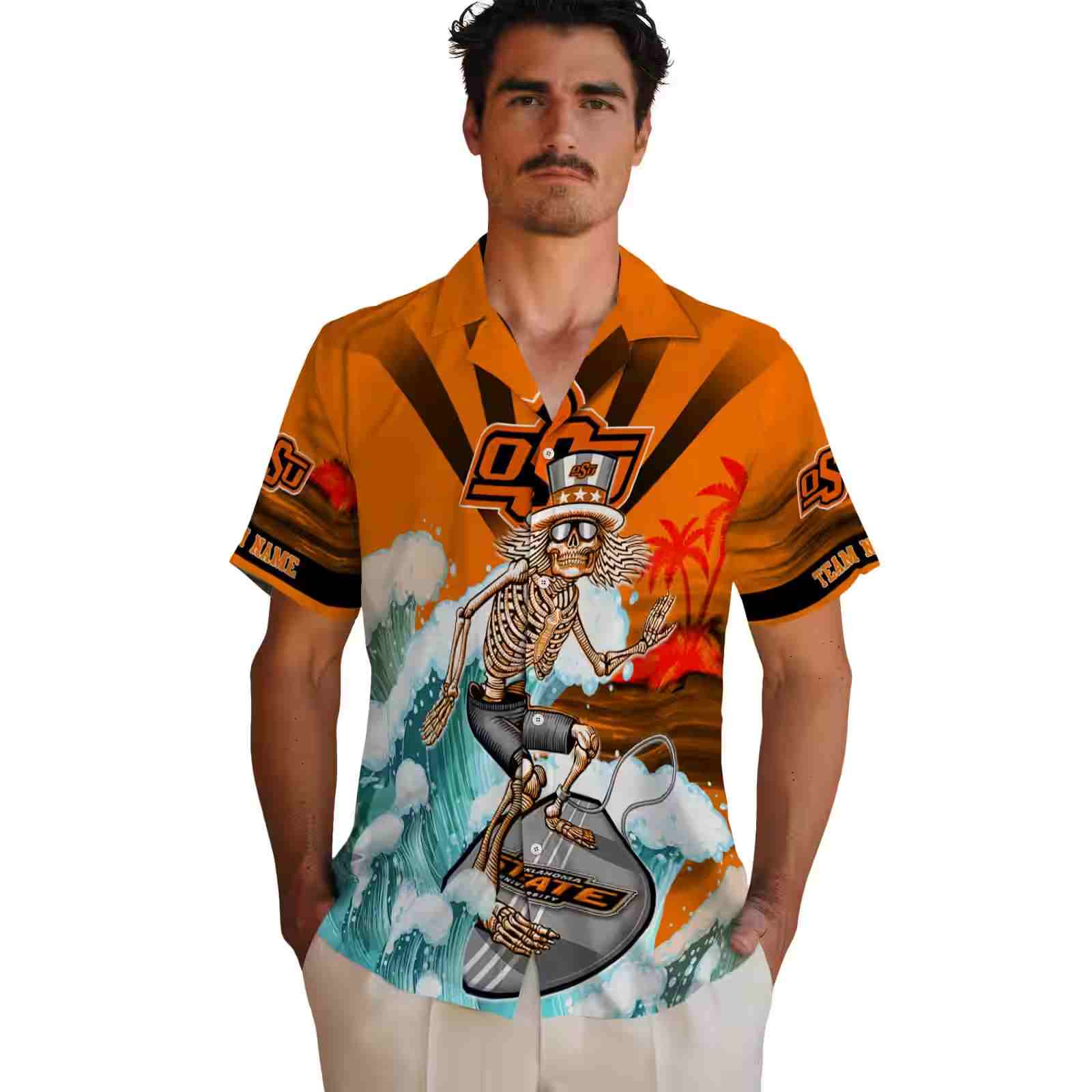 personalized oklahoma state cowboys surfing skeleton orange blue hawaiian shirt fashion forward