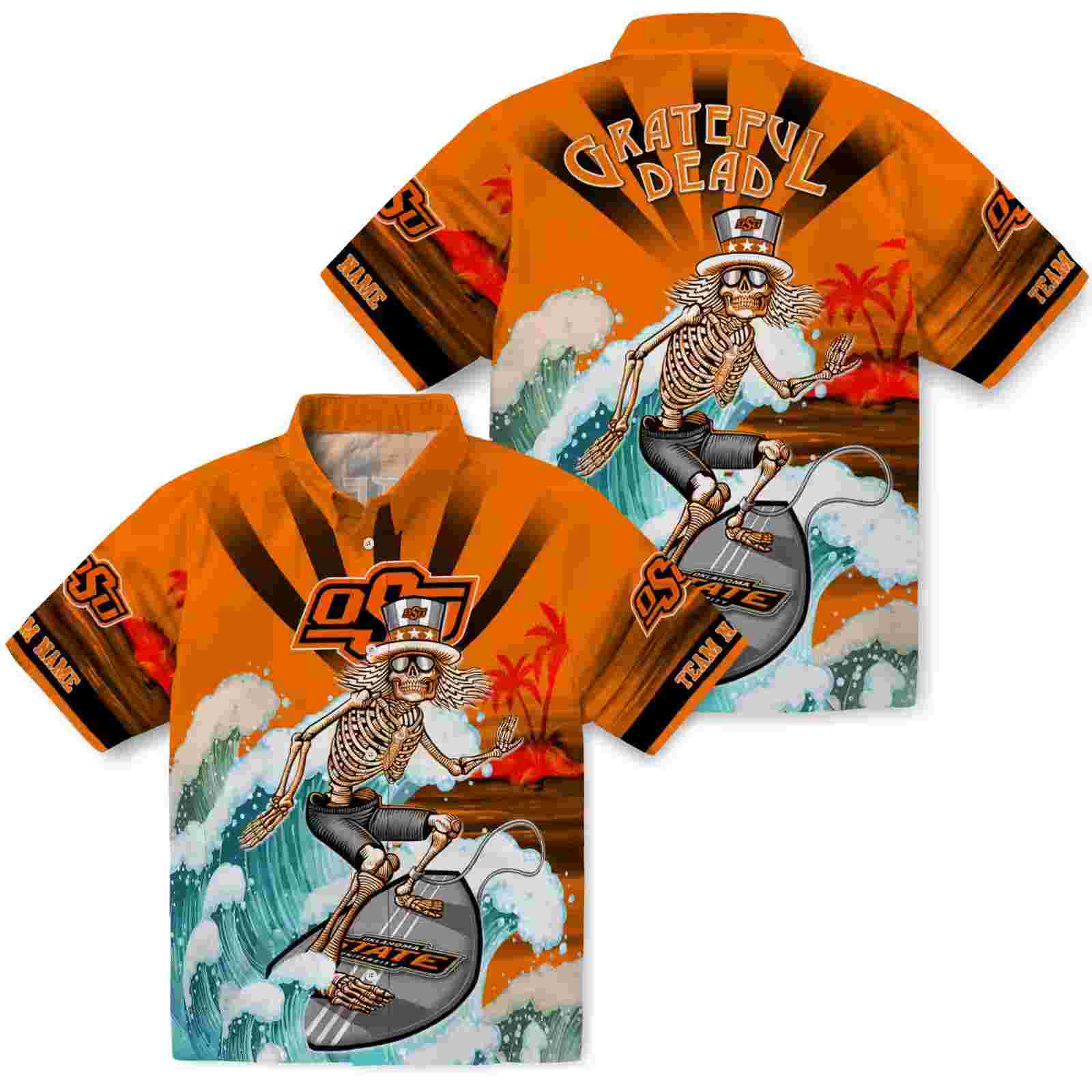 personalized oklahoma state cowboys surfing skeleton orange blue hawaiian shirt high quality