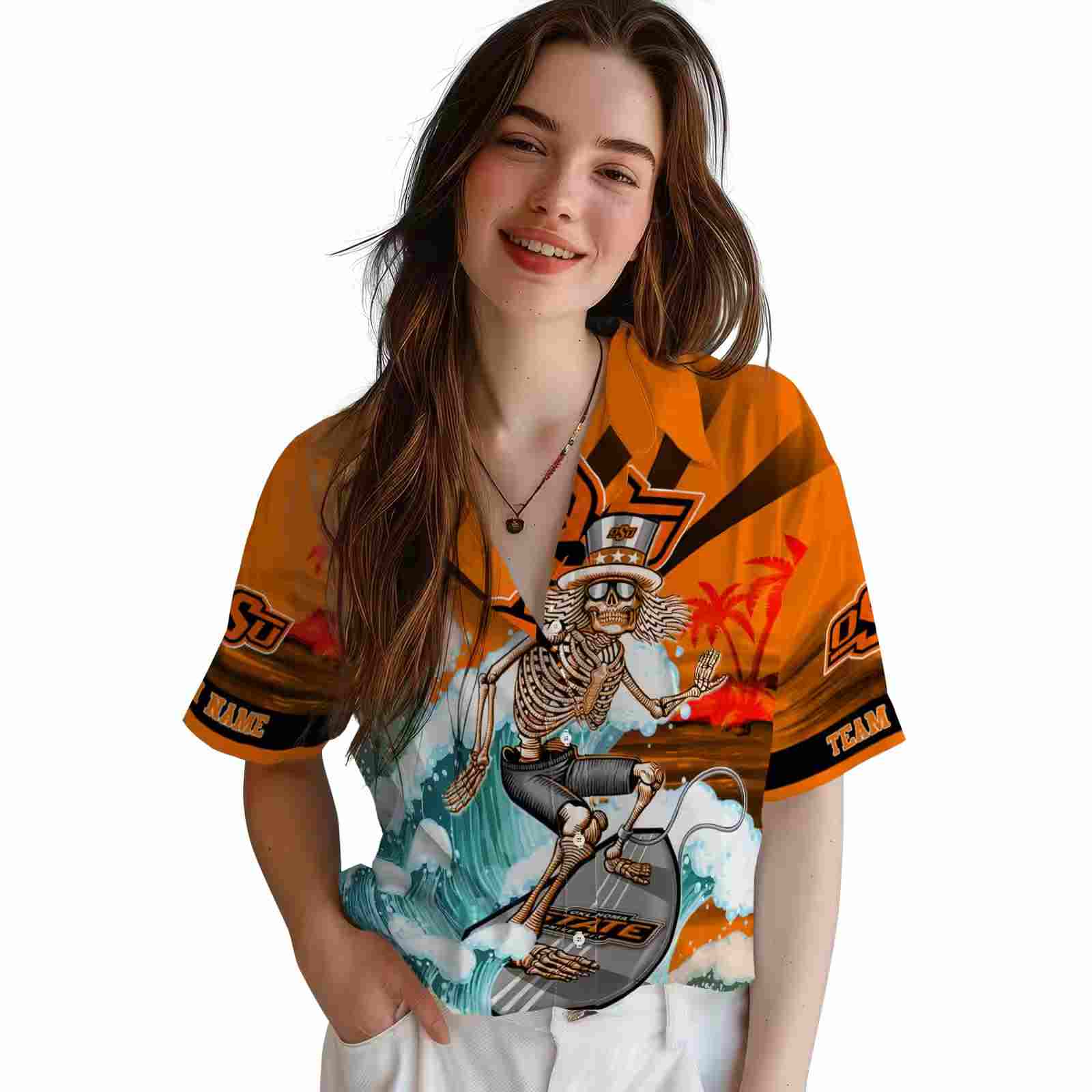 personalized oklahoma state cowboys surfing skeleton orange blue hawaiian shirt latest model