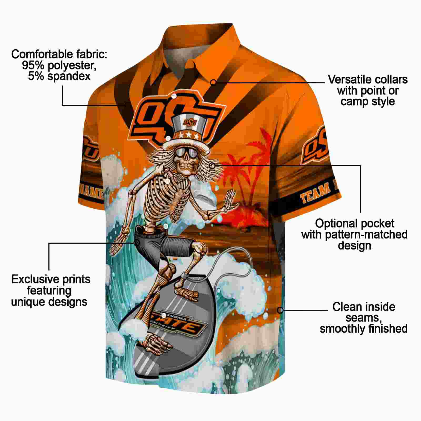 personalized oklahoma state cowboys surfing skeleton orange blue hawaiian shirt new arrival