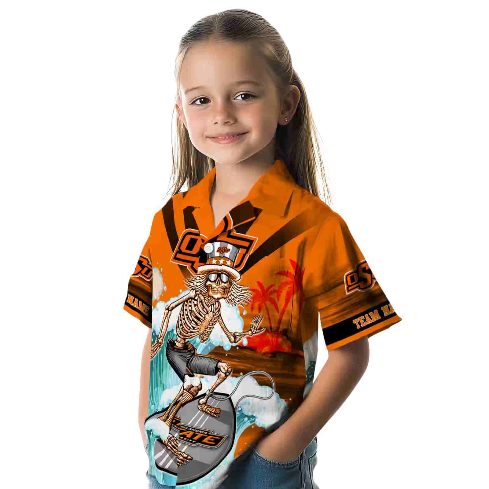 personalized oklahoma state cowboys surfing skeleton orange blue hawaiian shirt premium grade