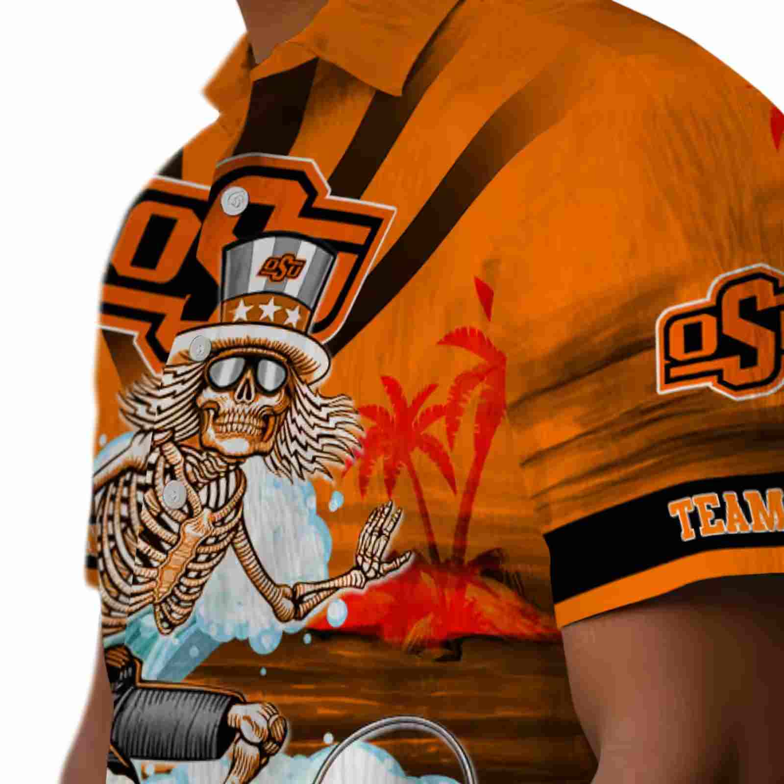 personalized oklahoma state cowboys surfing skeleton orange blue hawaiian shirt trendy