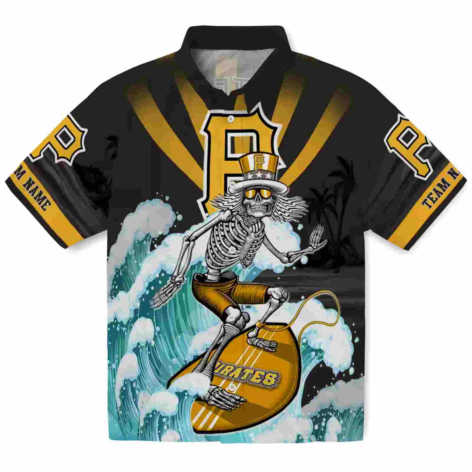 Personalized Pittsburgh Pirates Surfing Skeleton Black Blue Hawaiian Shirt