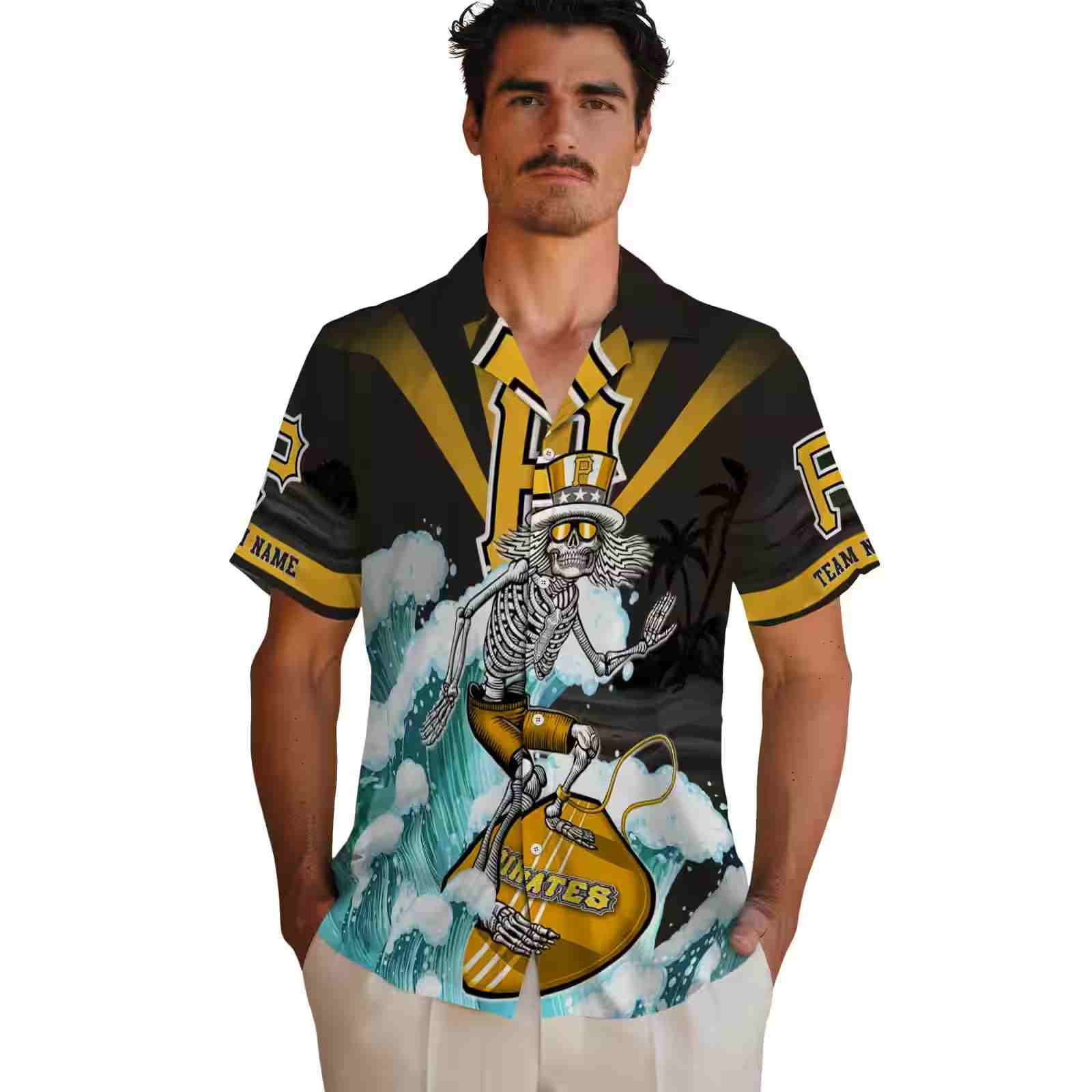 personalized pittsburgh pirates surfing skeleton black blue hawaiian shirt fashion forward