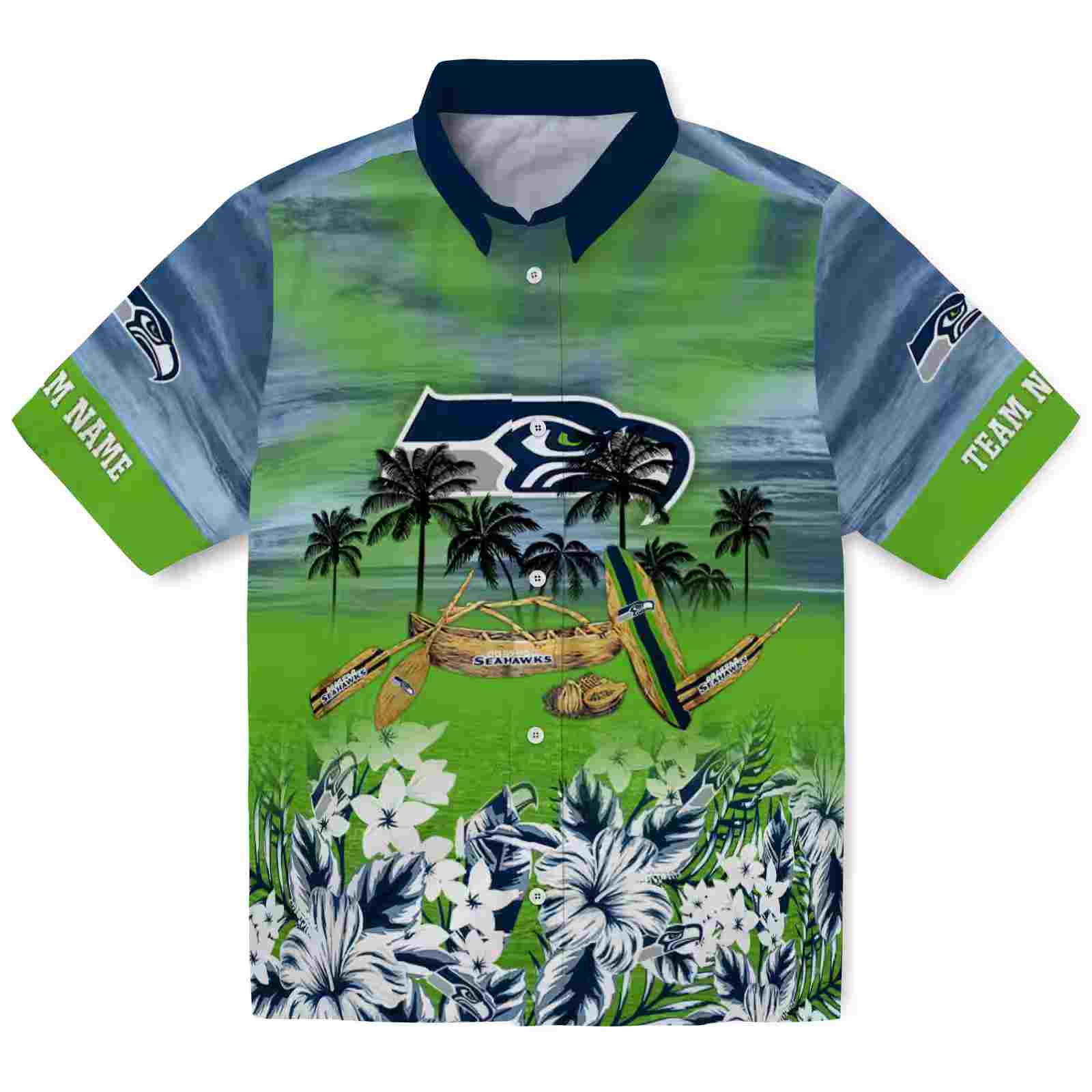 Personalized Seattle Seahawks Tropical Canoe Blue Hawaiian Shirt