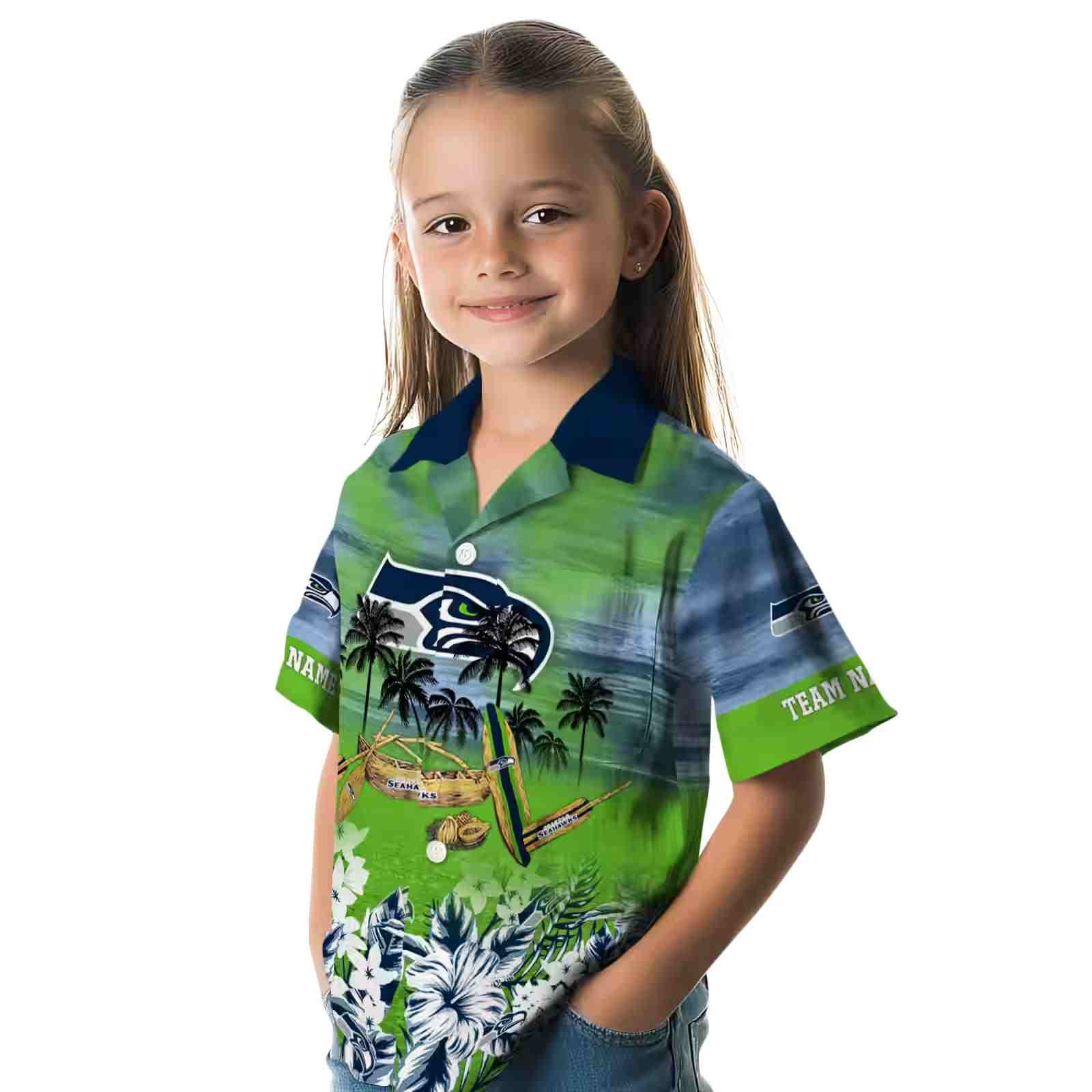 personalized seattle seahawks tropical canoe blue hawaiian shirt premium grade