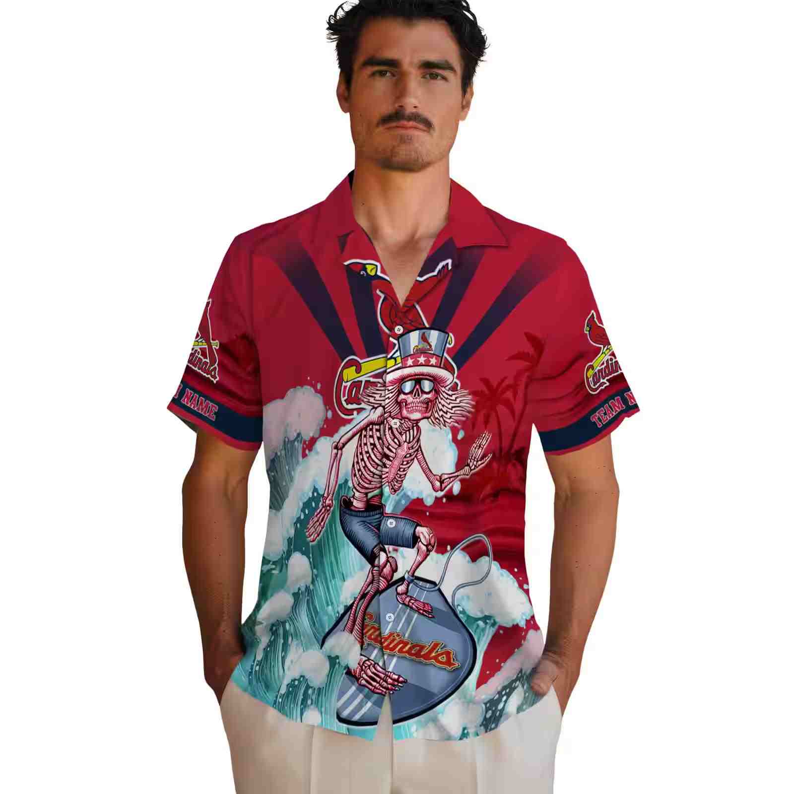 personalized st louis cardinals surfing skeleton red blue hawaiian shirt fashion forward